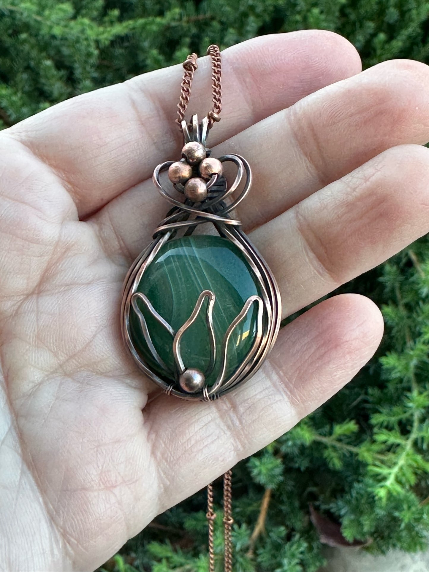 Round Green Veins Agate With Lotus Design And Copper Beads Wire Wrapped Pendant