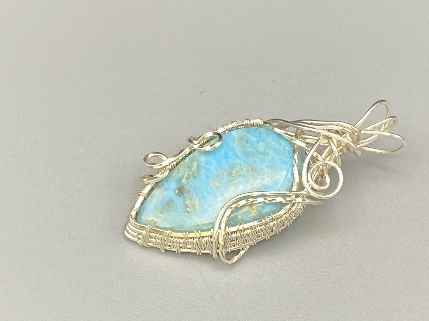 Wire Wrapped Larimar Teardrop Shaped Pendant