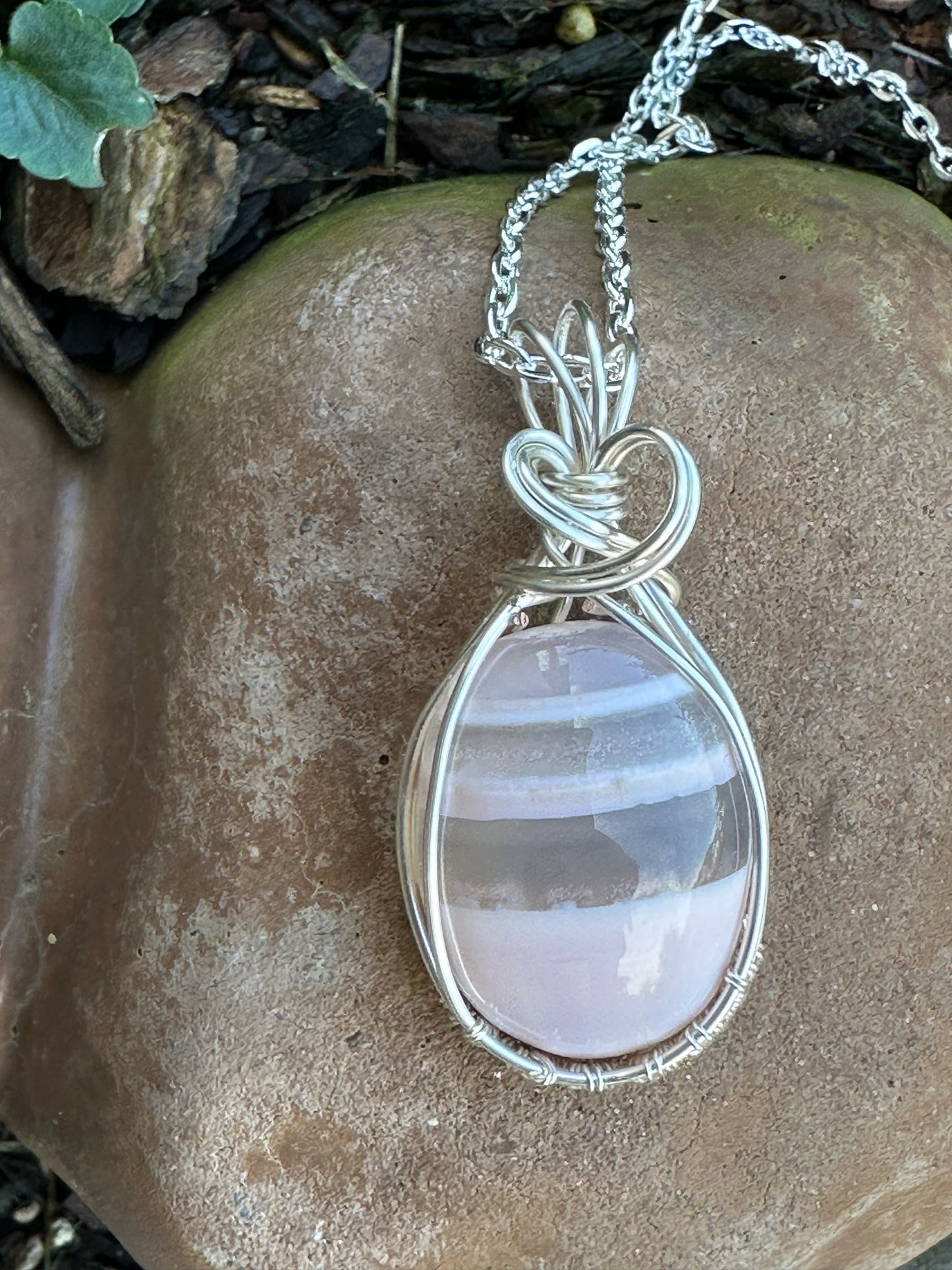 Handmade Wire Wrapped Pink Stripe Agate Oval Pendant