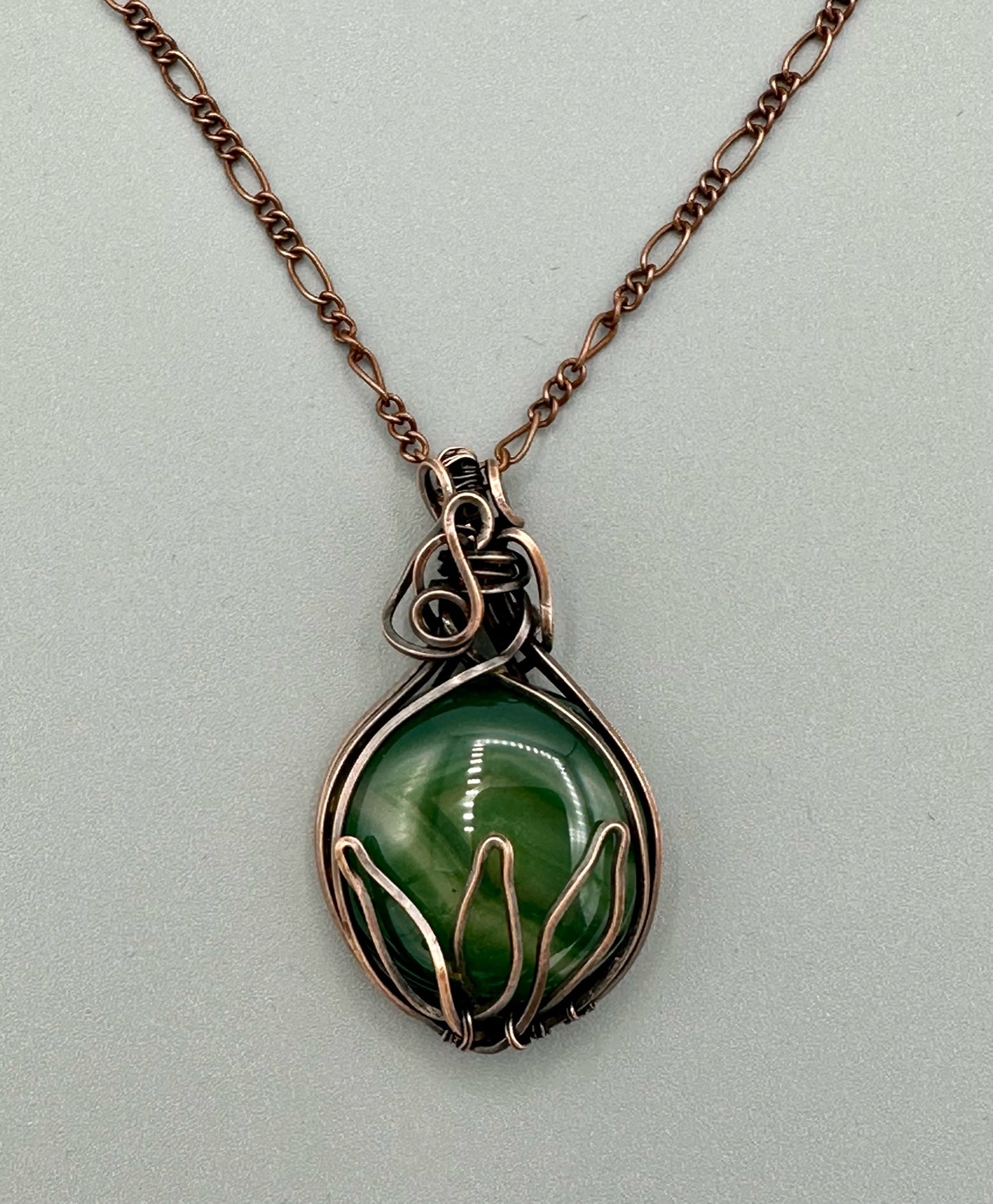 Round Green Veins Agate With Lotus Design Handmade Wire Wrapped Pendant