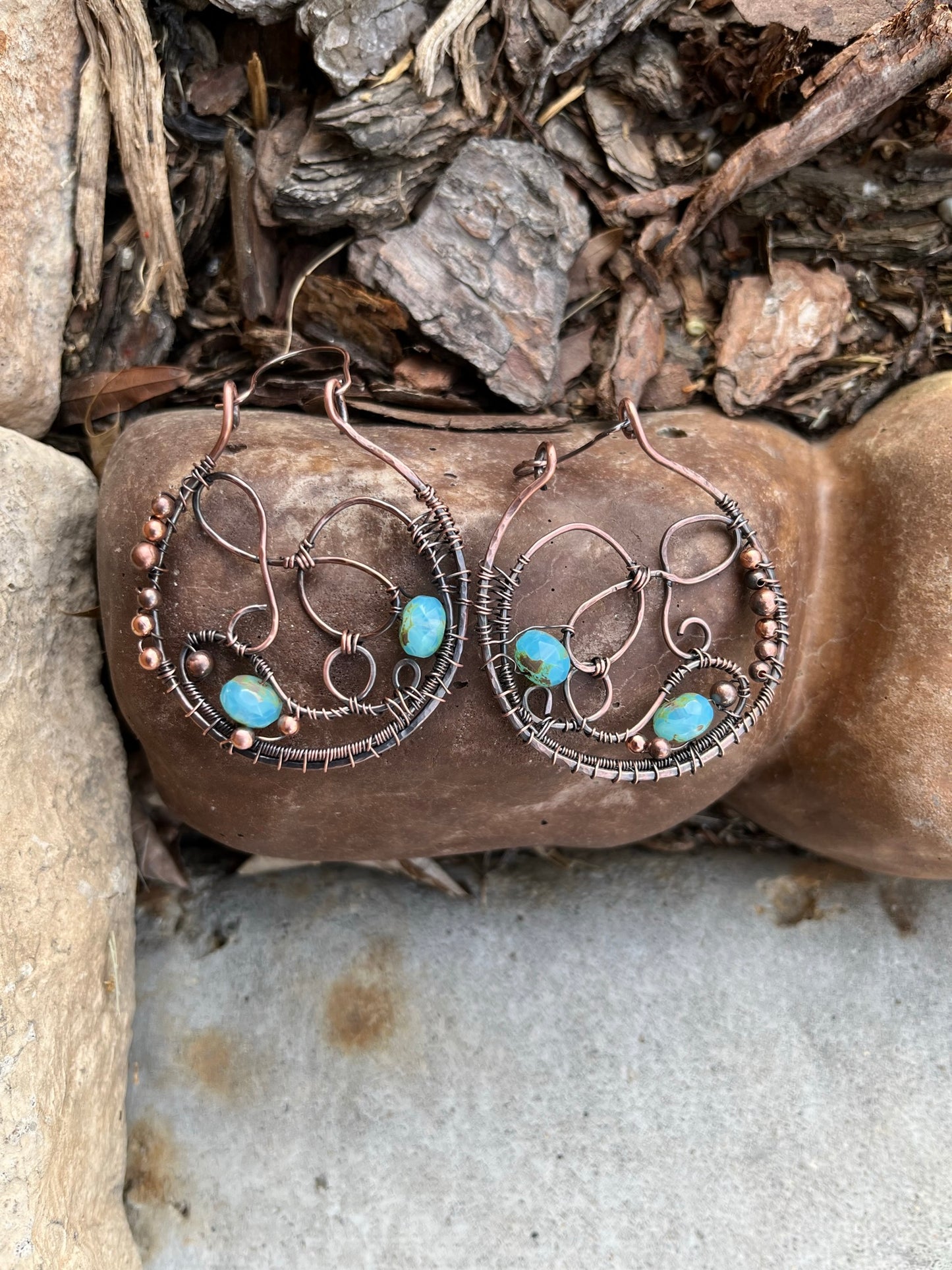 Copper Weaving Hoop Earrings with Aqua Rondelle Beads