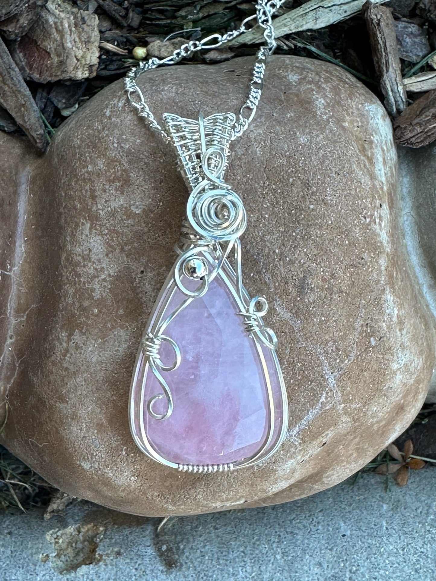 Rose Quartz Faceted Teardrop Wire Wrapped In Argentium Silver