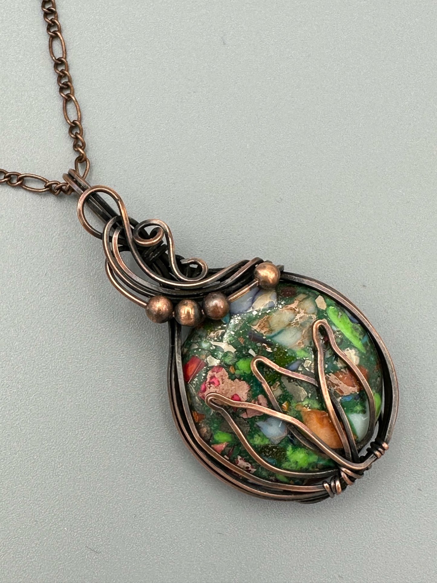 Pyrite Multi-Color Sea Sediment Jasper with Lotus and Copper Beads