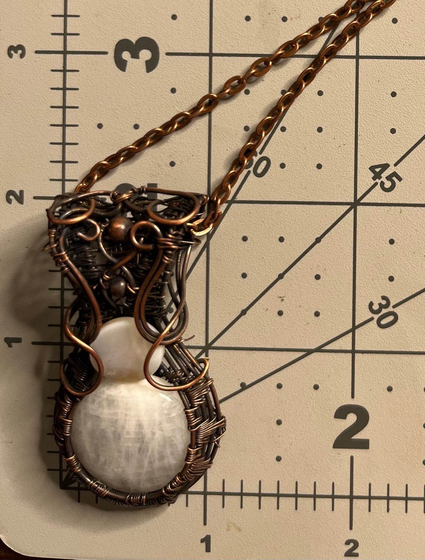 Round Moonstone Wire Wrapped in Antiqued Copper | Handmade Pendant