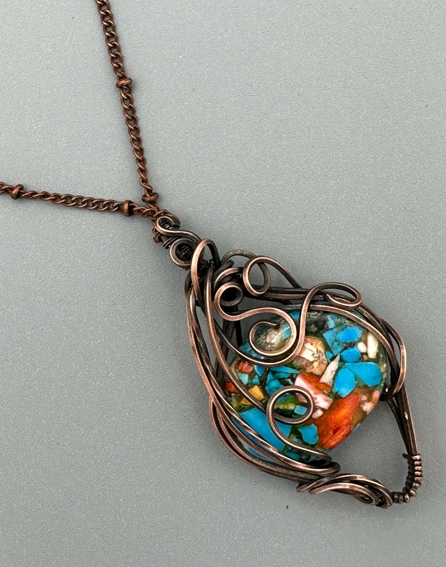 Oval Copper Turquoise Mohave Handmade Wire Wrapped Pendant