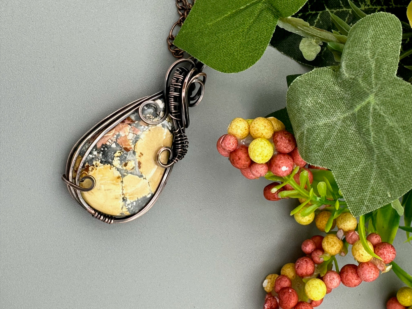 Maligano Jasper Teardrop Pendant Wrapped in Copper Wire