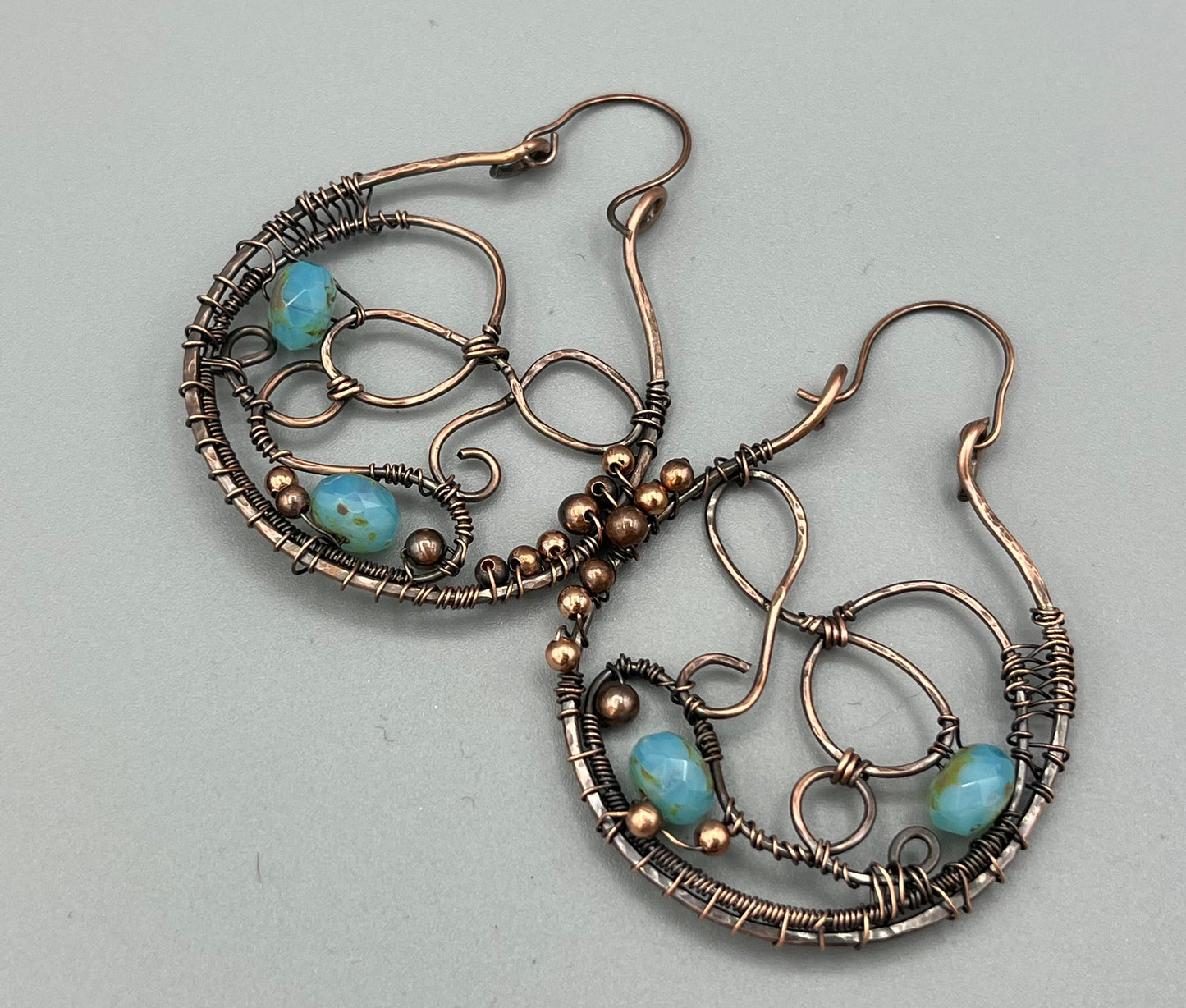 Copper Weaving Hoop Earrings with Aqua Rondelle Beads