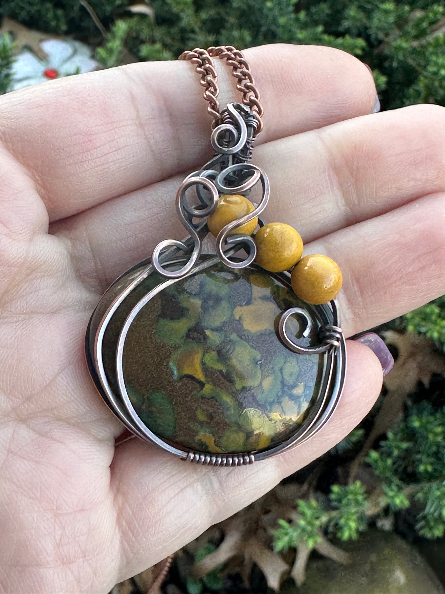 Fruity Jasper Oval Wire Wrapped Handmade Pendant