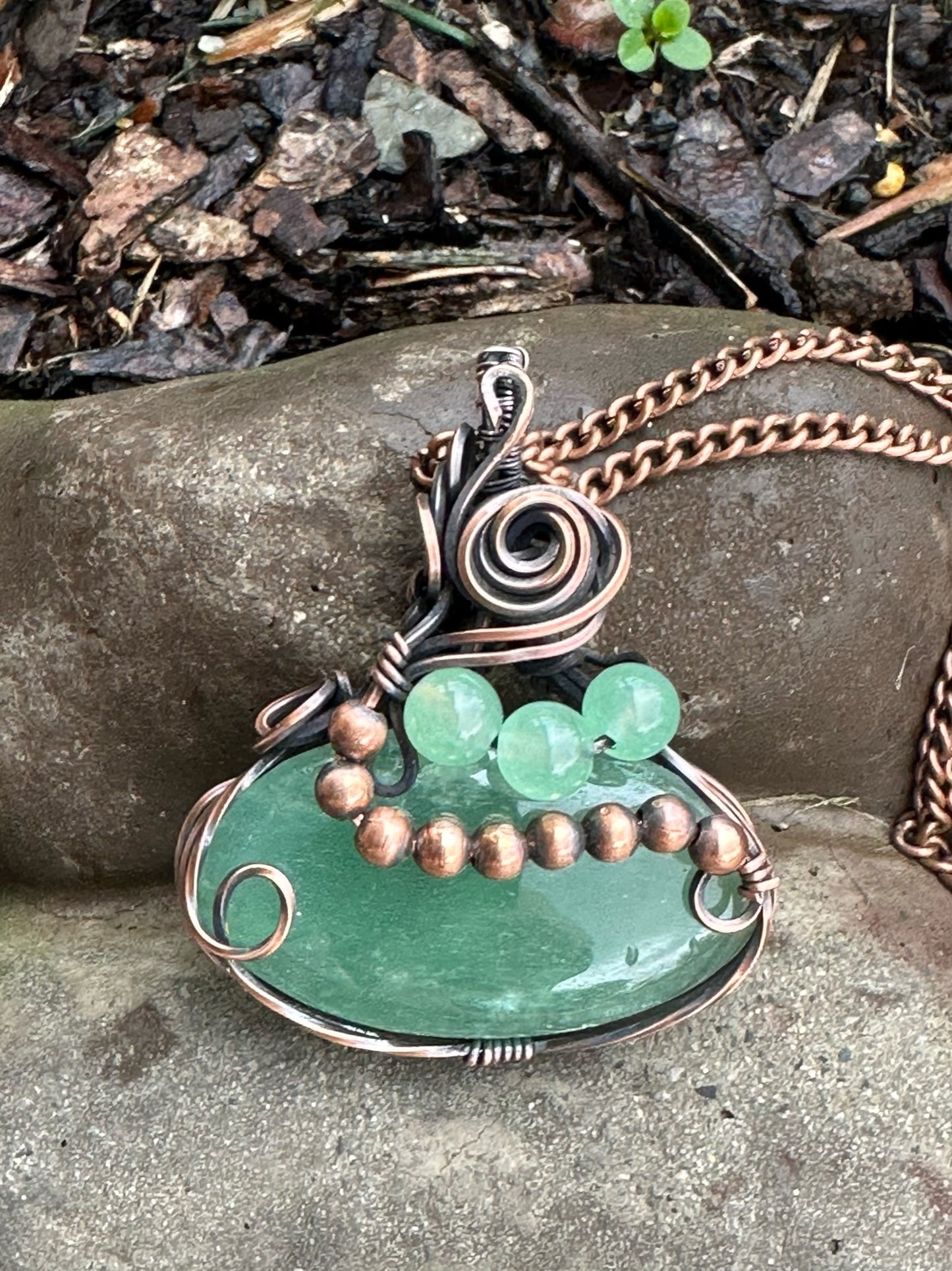 Wire Wrapped Oval Green Strawberry Quartz With Quartz And Copper Beads Pendant