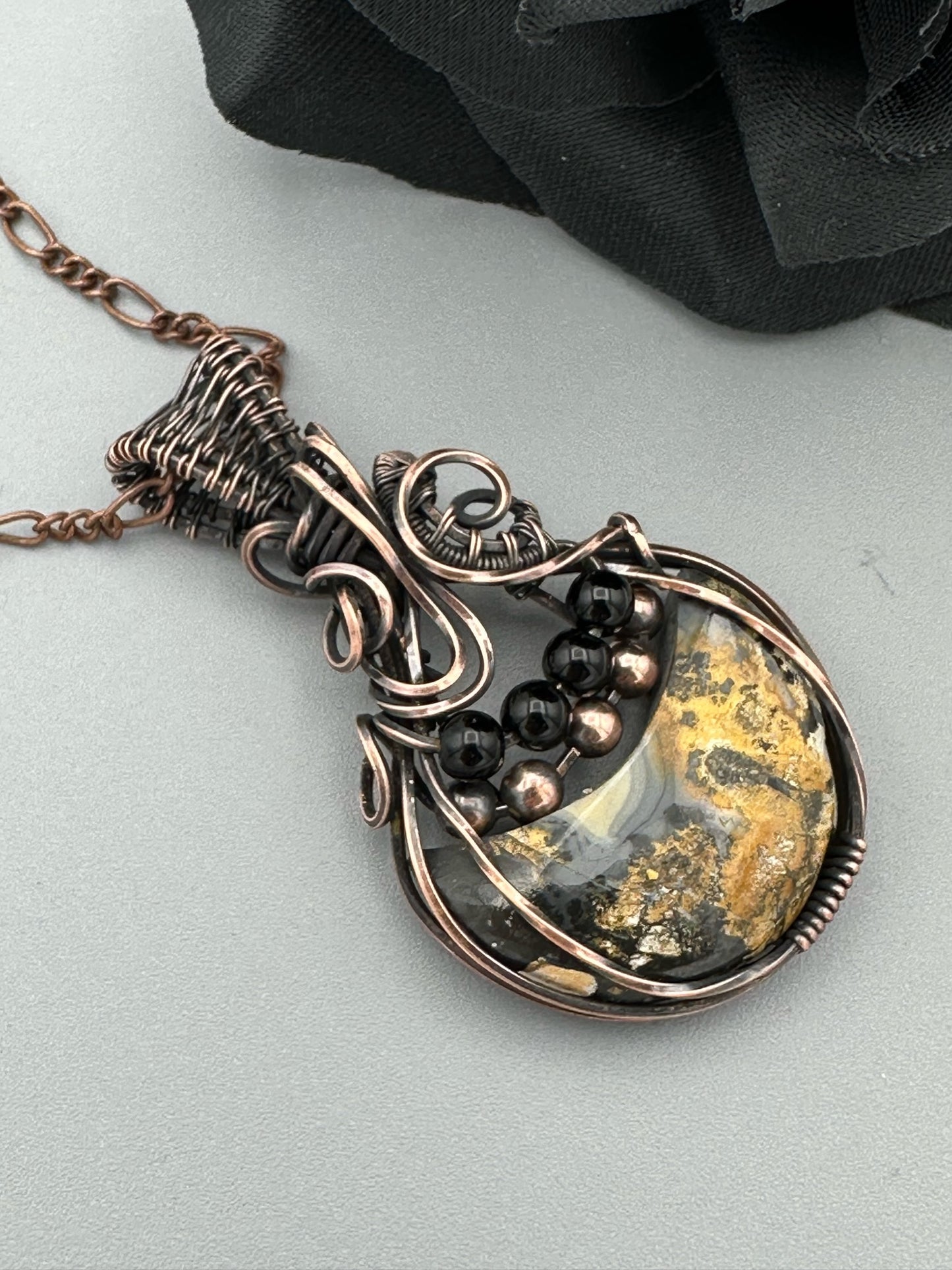 Maligano Jasper Crescent Moon Wire Wrapped Pendant