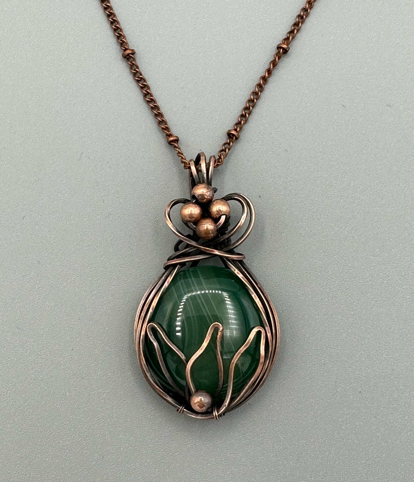 Round Green Veins Agate With Lotus Design And Copper Beads Wire Wrapped Pendant