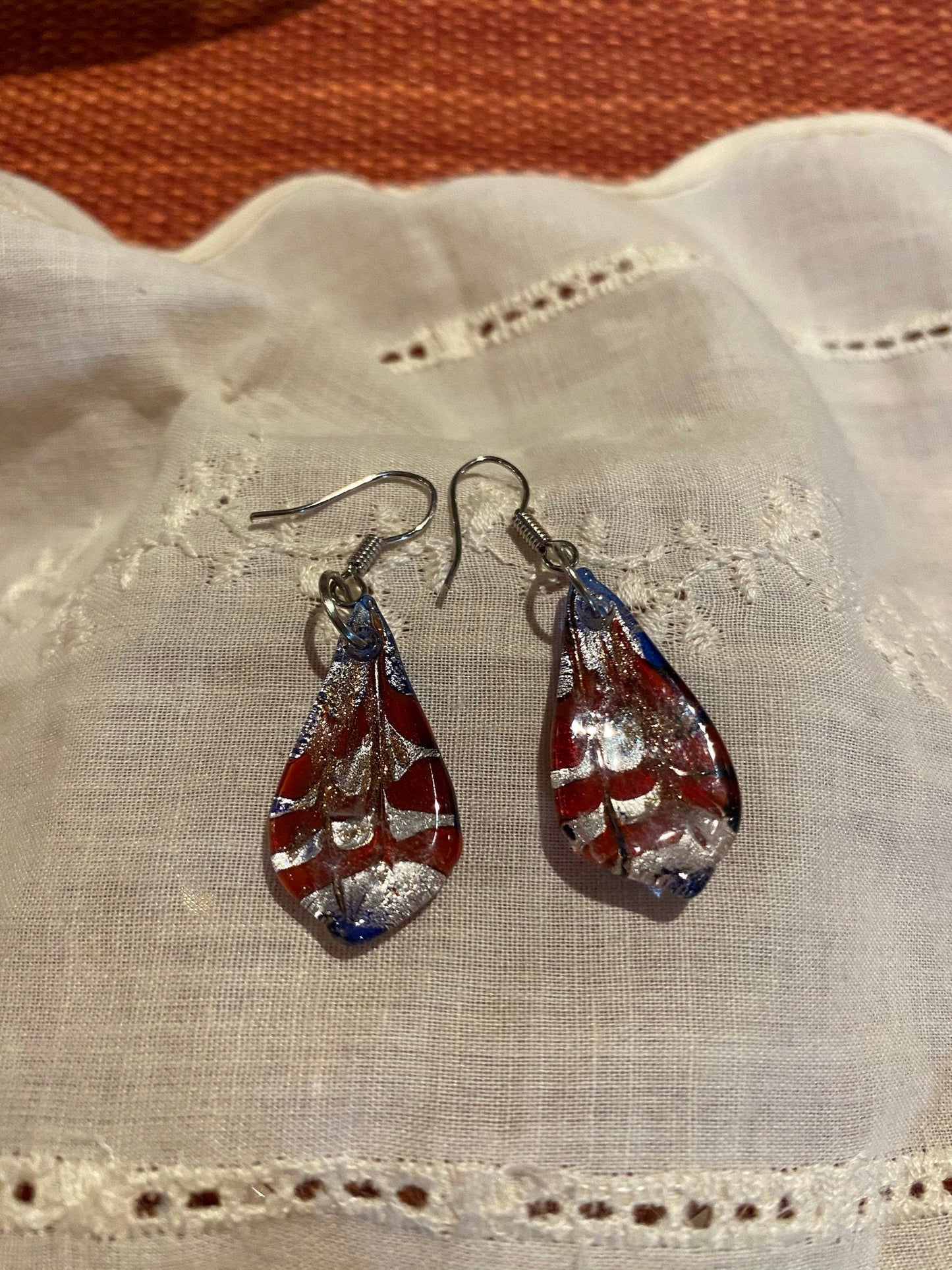 Red, Blue, And Silver Glass Dangle Earrings