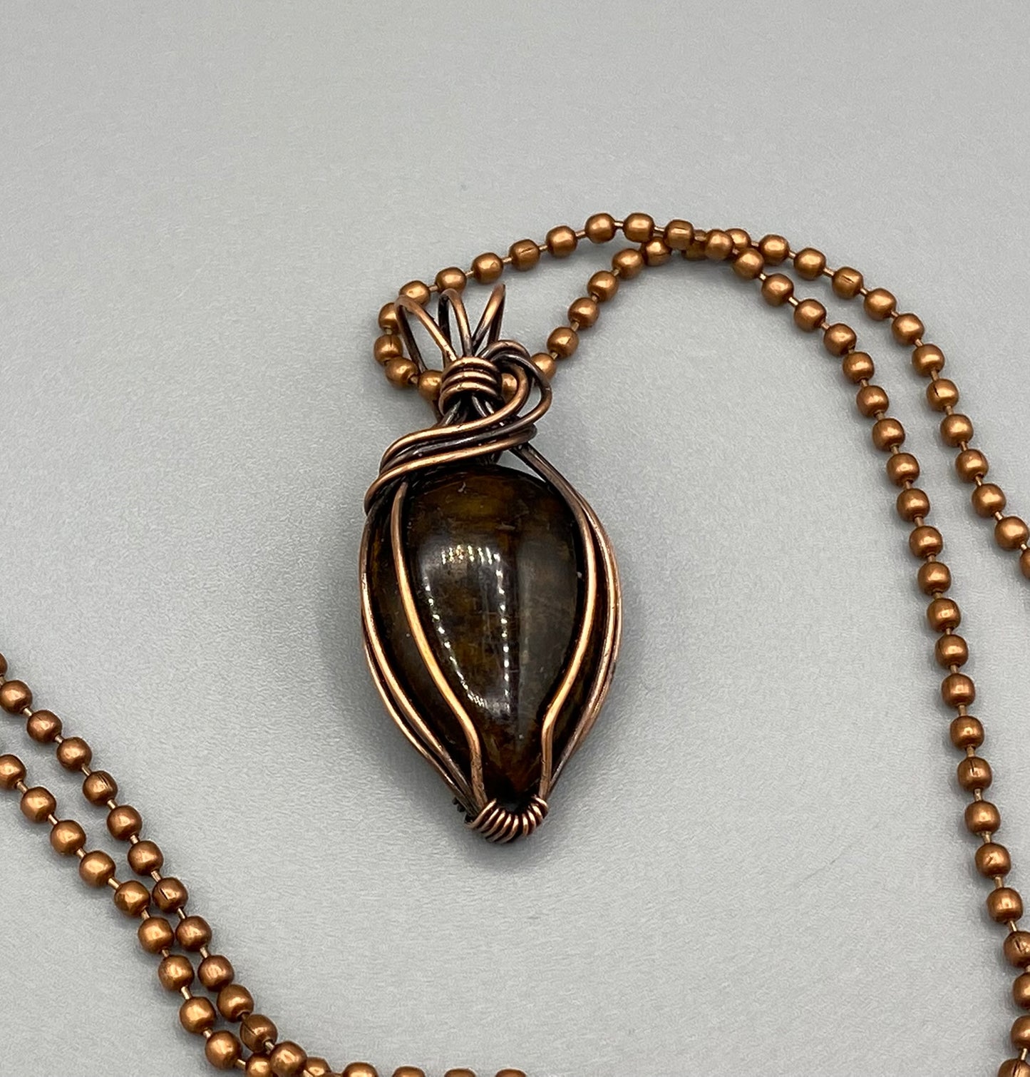 Tiger's Eye Agate Teardrop Pendant, Wire Wrapped in Copper