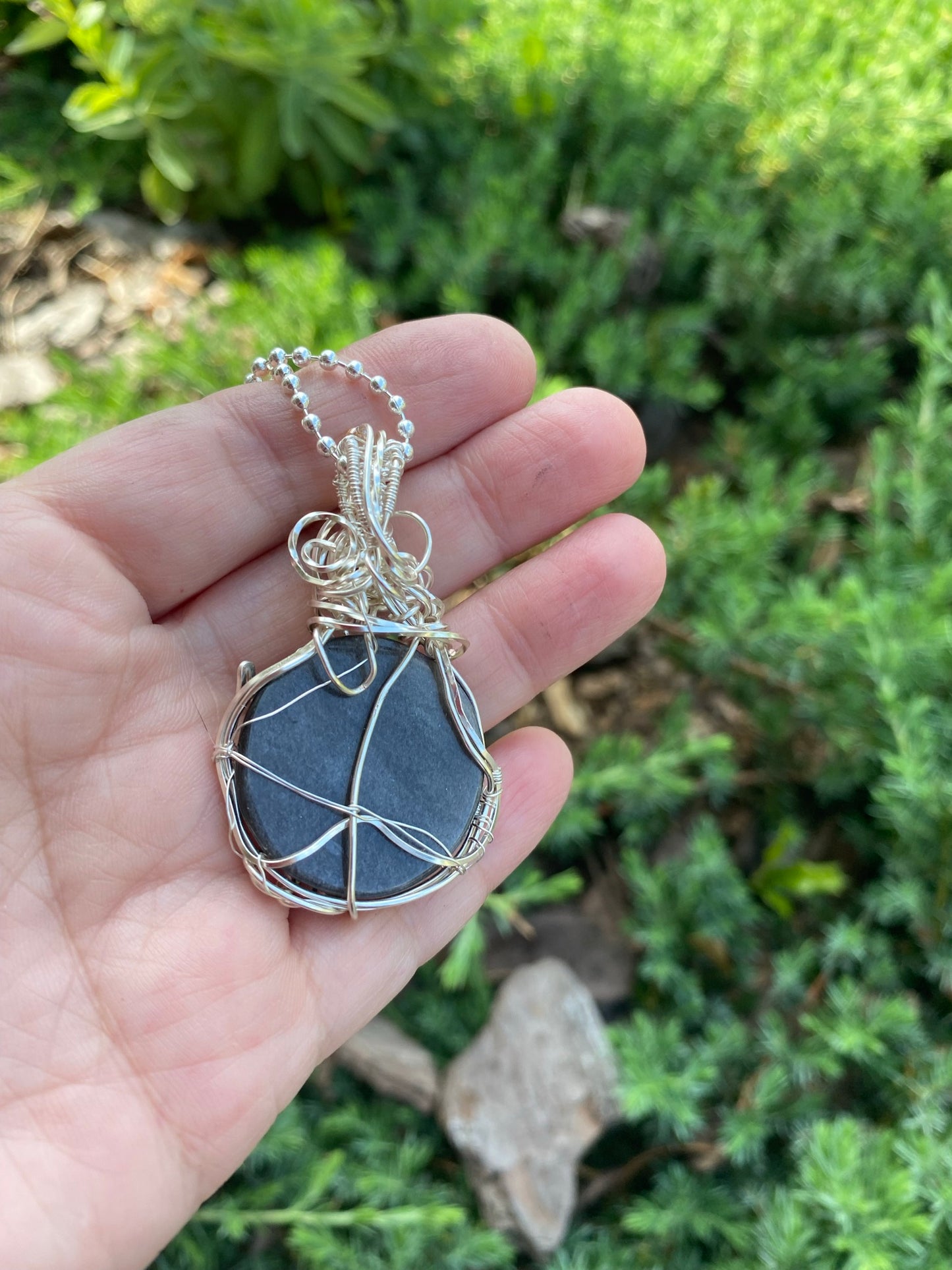 Natural Silver Sheen Obsidian Circle Pendant with Kitty Cat