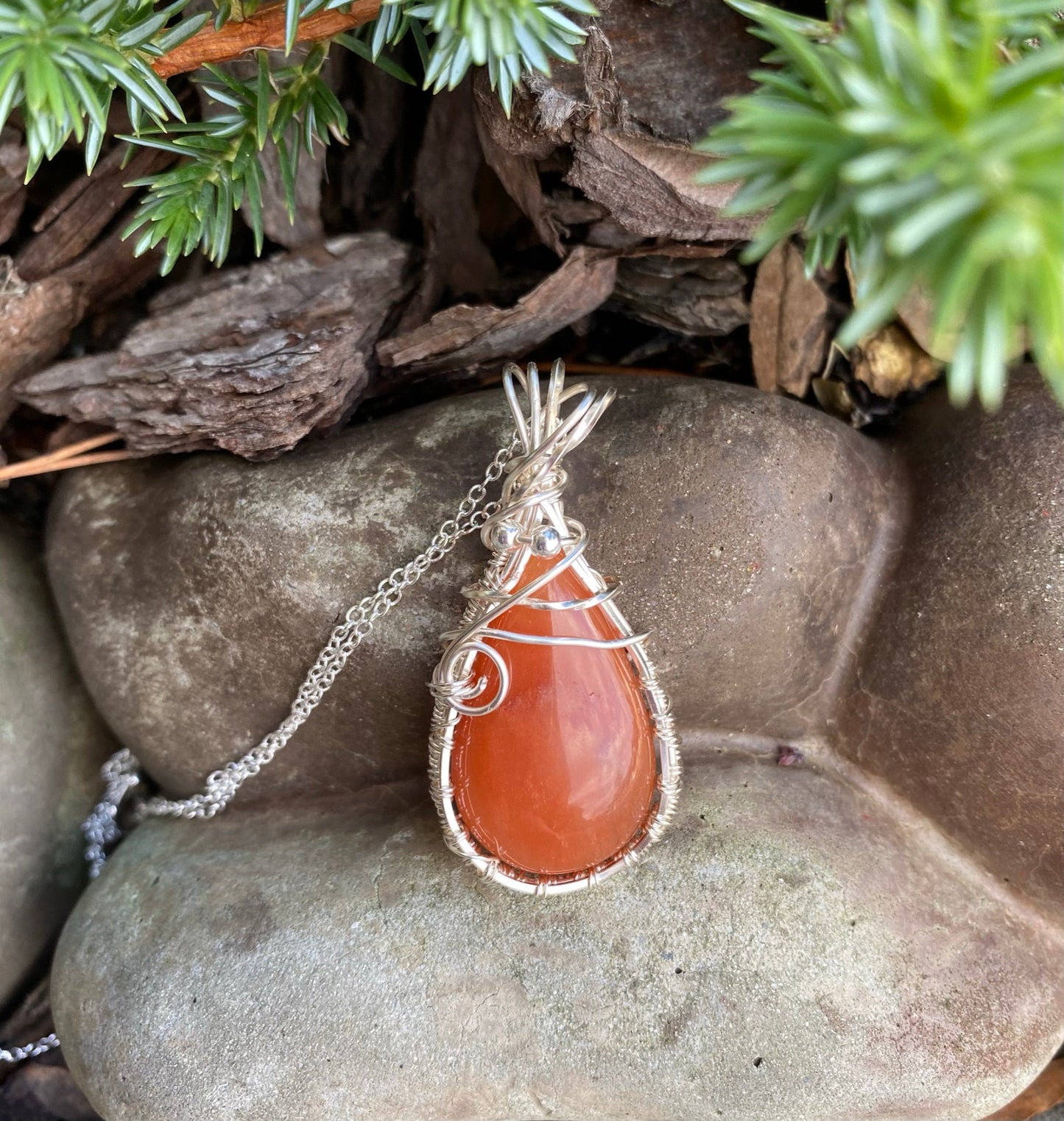 Wire Wrapped Orange Aventurine Teardrop Pendant