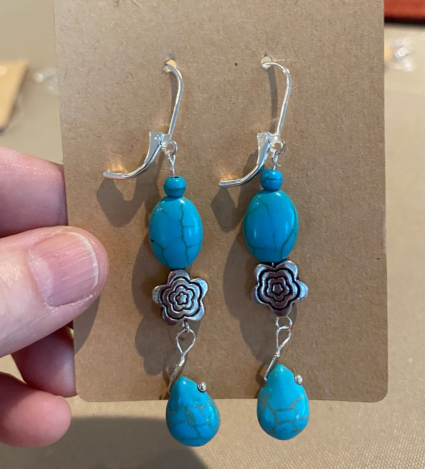 Turquoise Beads with Silver Flower Earrings