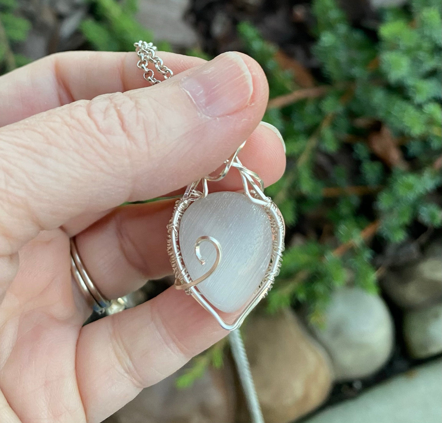 Wire Wrapped Natural Gray Cat's Eye, Chrysoberyl, Pear Pendant