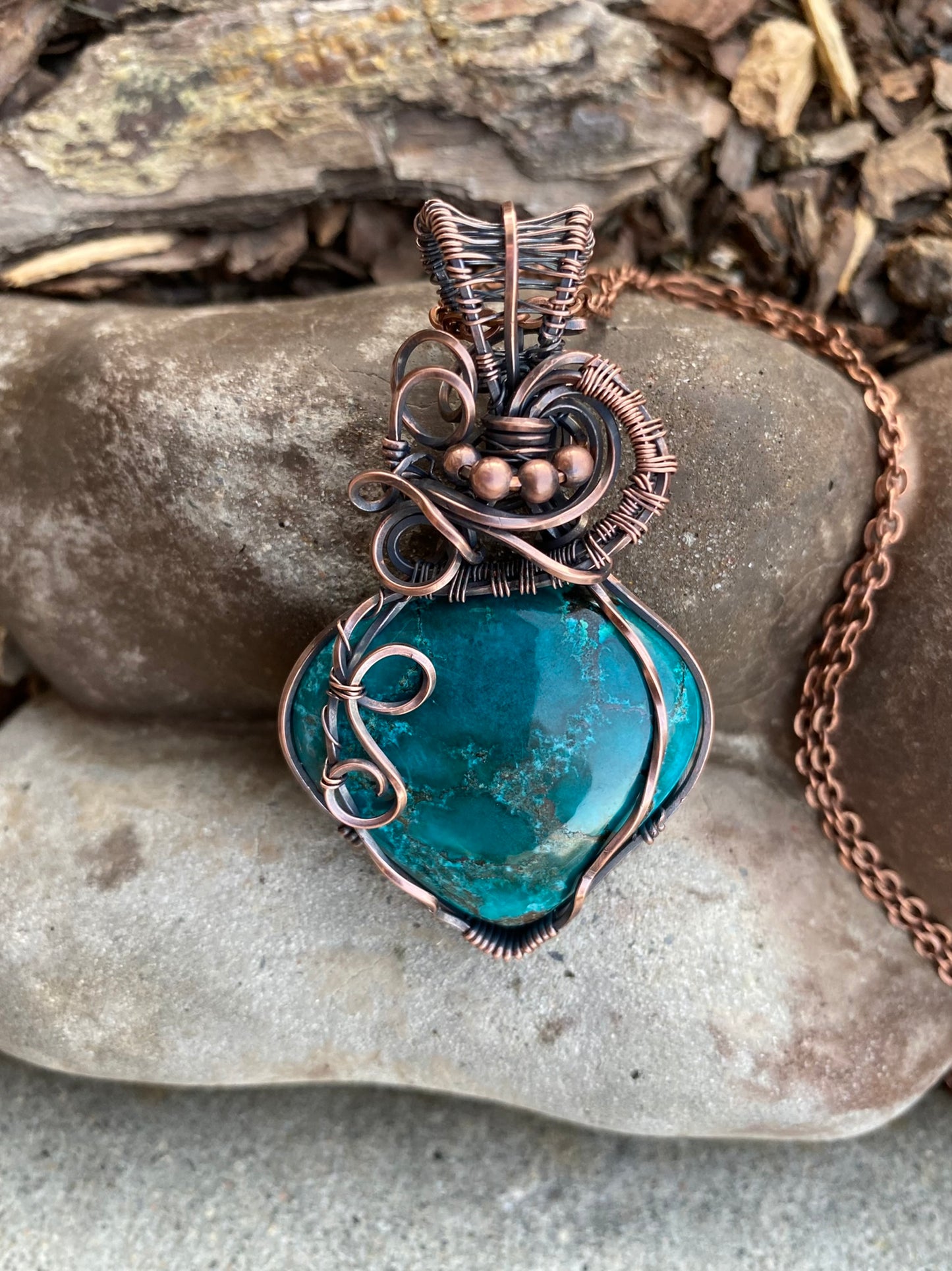 Tibetan Turquoise Pear Shaped Wire Wrapped Pendant