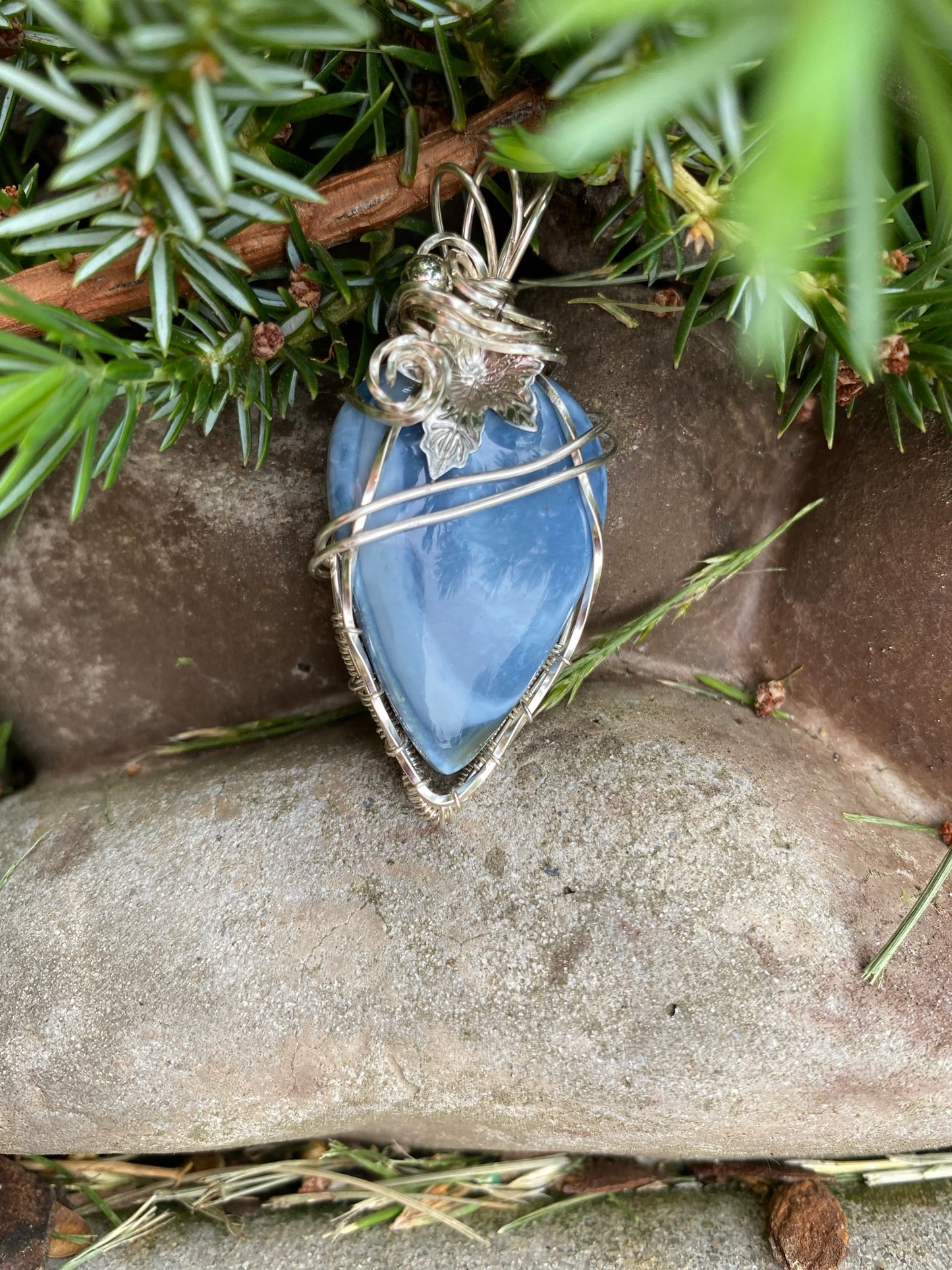 Natural Peruvian Blue Opal Pear Shaped Wire Wrapped Pendant
