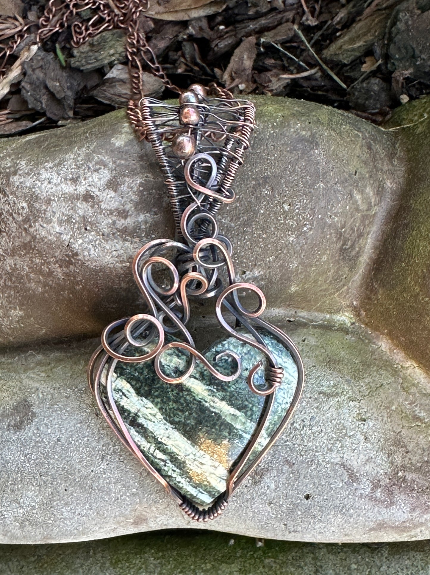 Natural Green Swiss Opal Heart Shaped Wire Wrapped Pendant