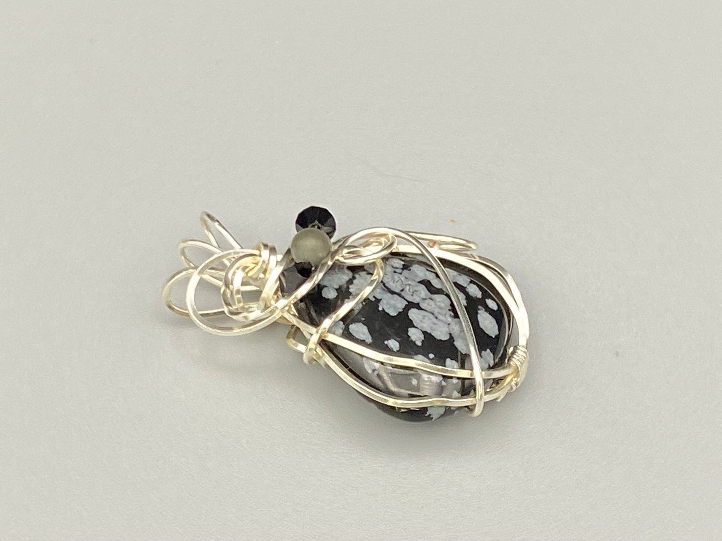 Wire Wrapped Snowflake Obsidian Teardrop Pendant