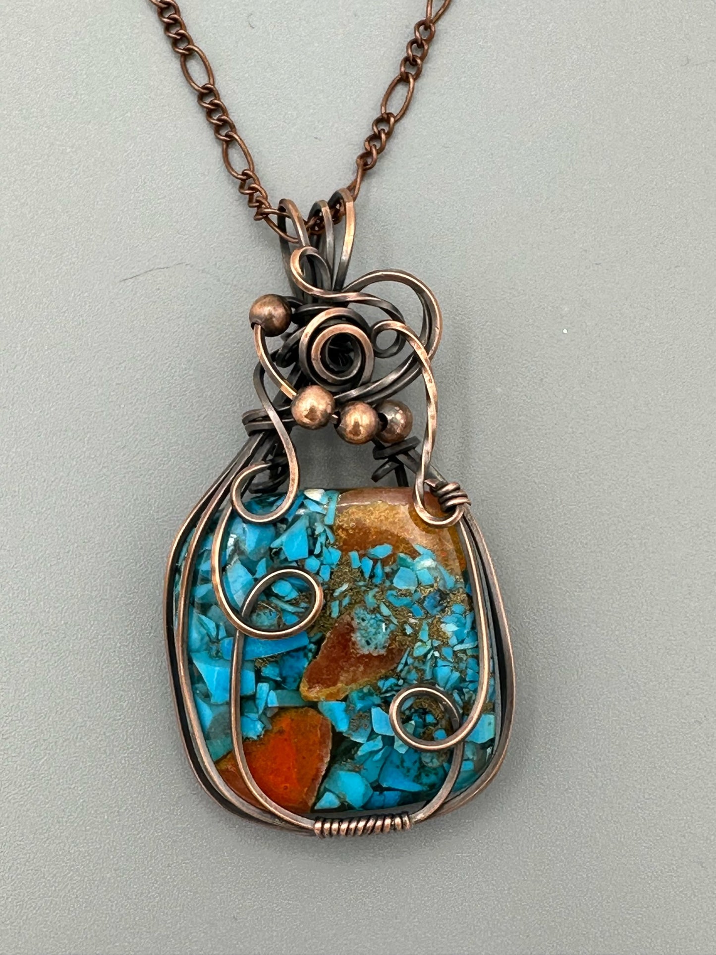 Square Copper Turquoise Mohave Handmade Wire Wrapped Pendant