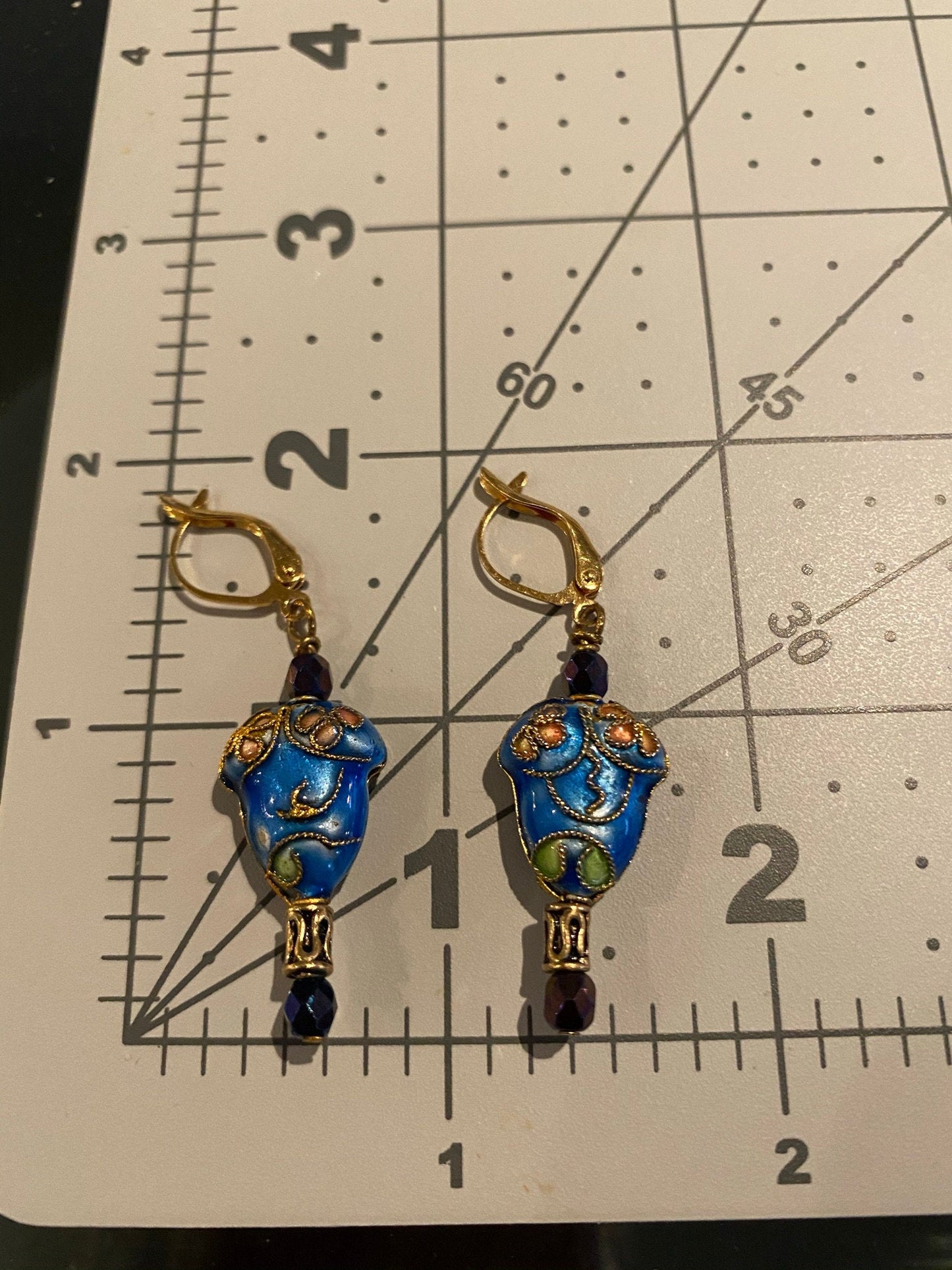 Blue Cloisionne Dangle Earrings With Gold Lever Hooks