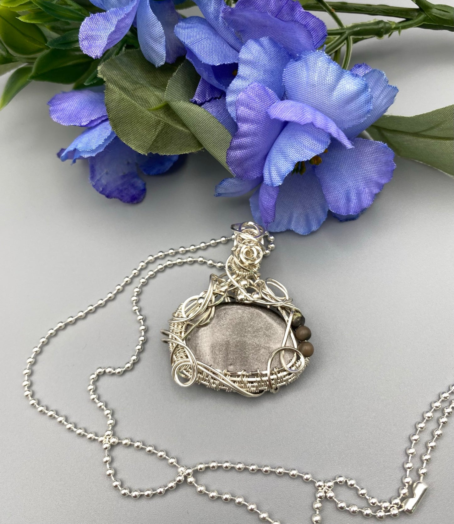 Oval Silver Sheen Obsidian Pendant Wire Wrapped in Silver