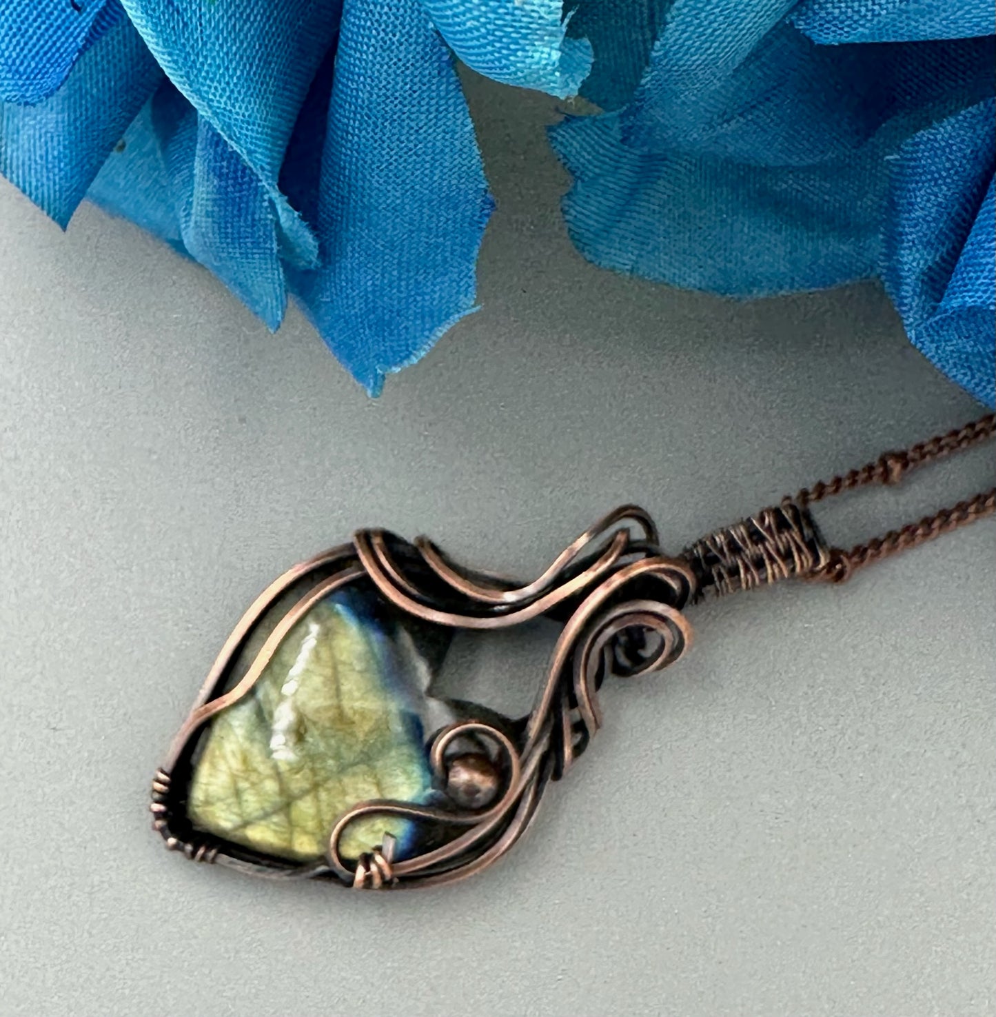 Labradorite Heart Wrapped In Oxidized Copper Wire