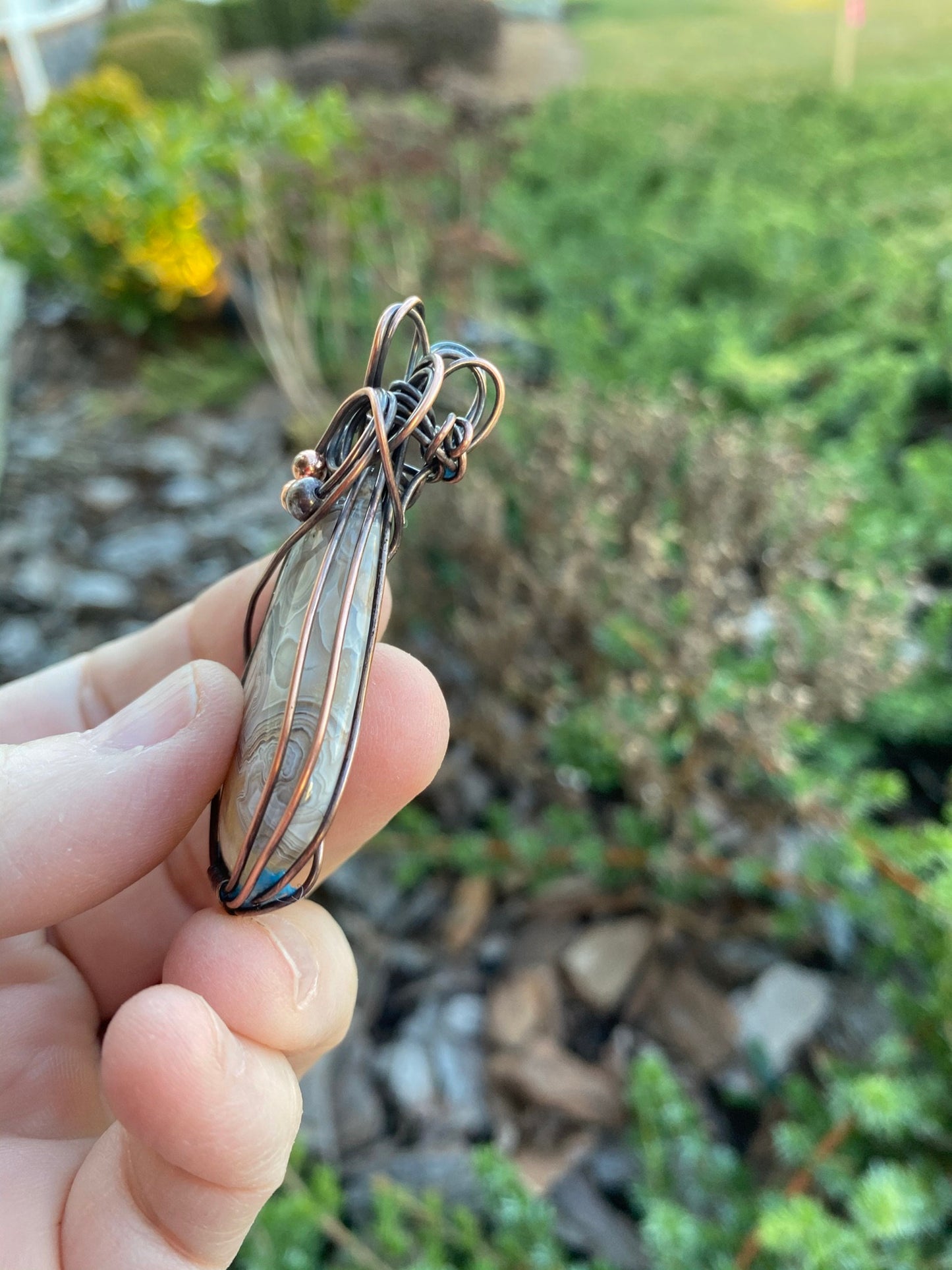 Gray and Beige Crazy Lace Agate, Wire Wrapped Teardrop Pendant