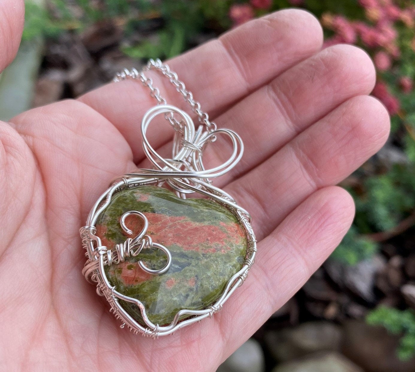 Wire Wrapped Unakite Heart Pendant with Silver Wire