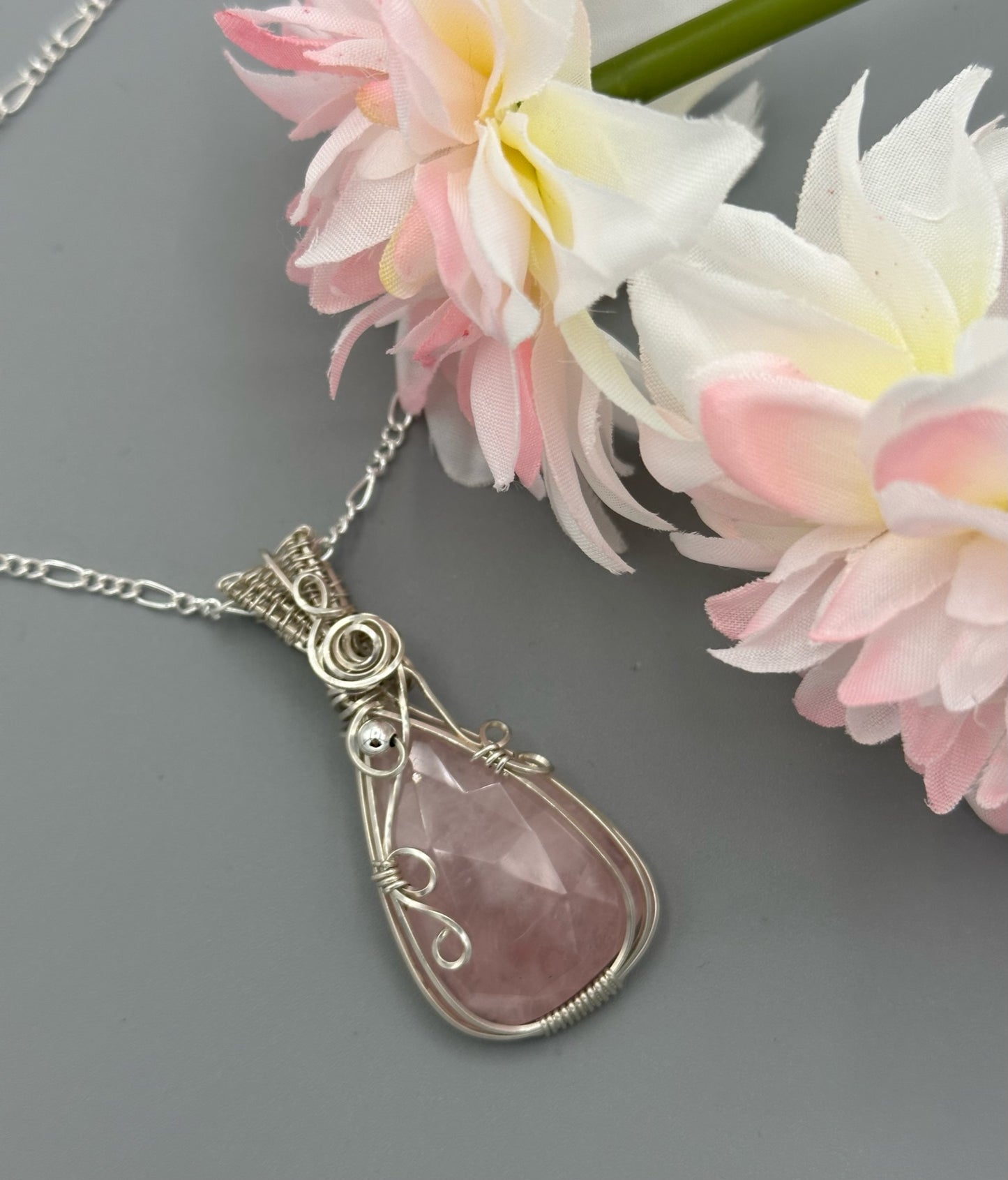 Rose Quartz Faceted Teardrop Wire Wrapped In Argentium Silver