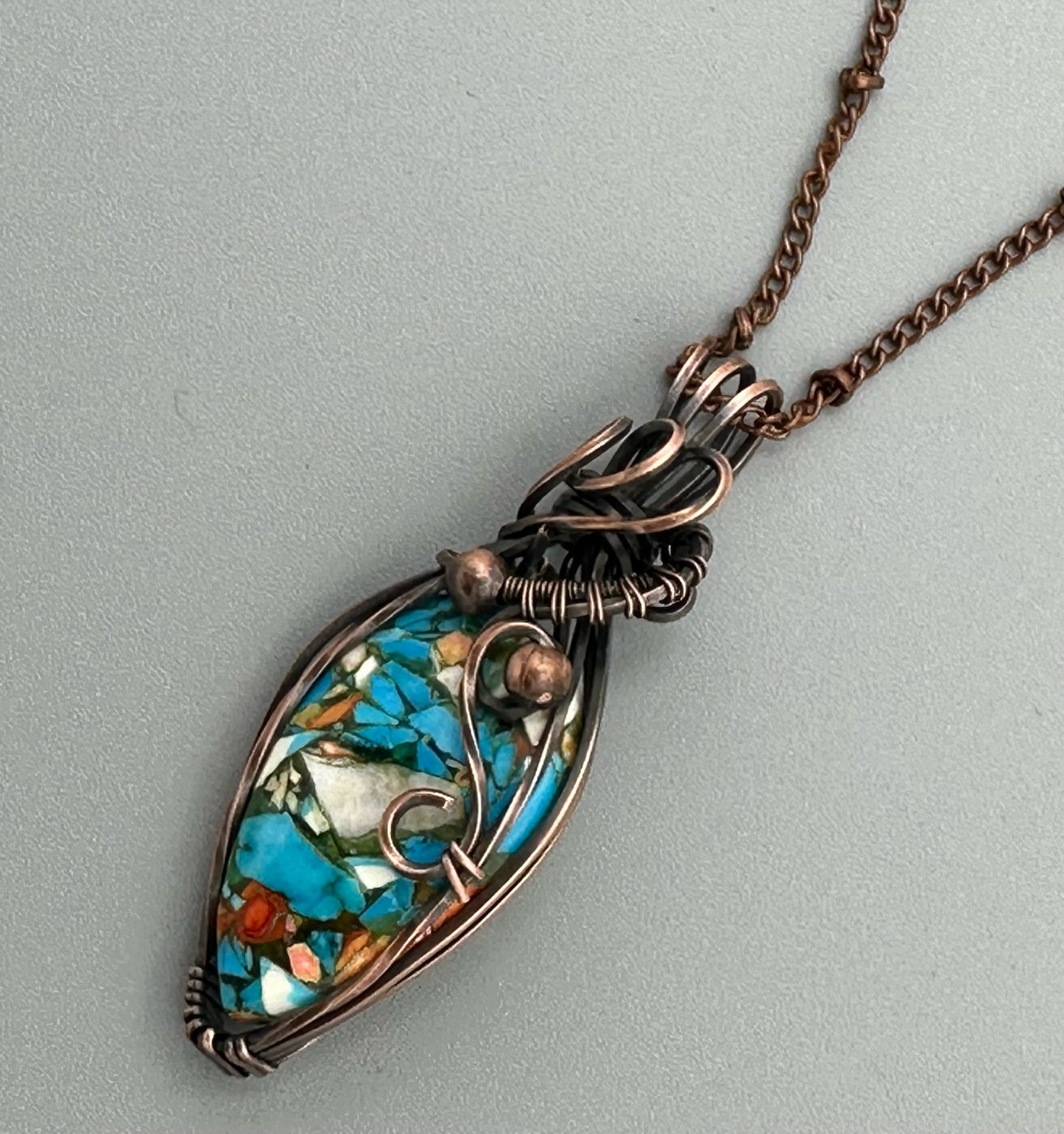 Handmade Wire Wrapped Copper Turquoise Mohave Teardrop Pendant