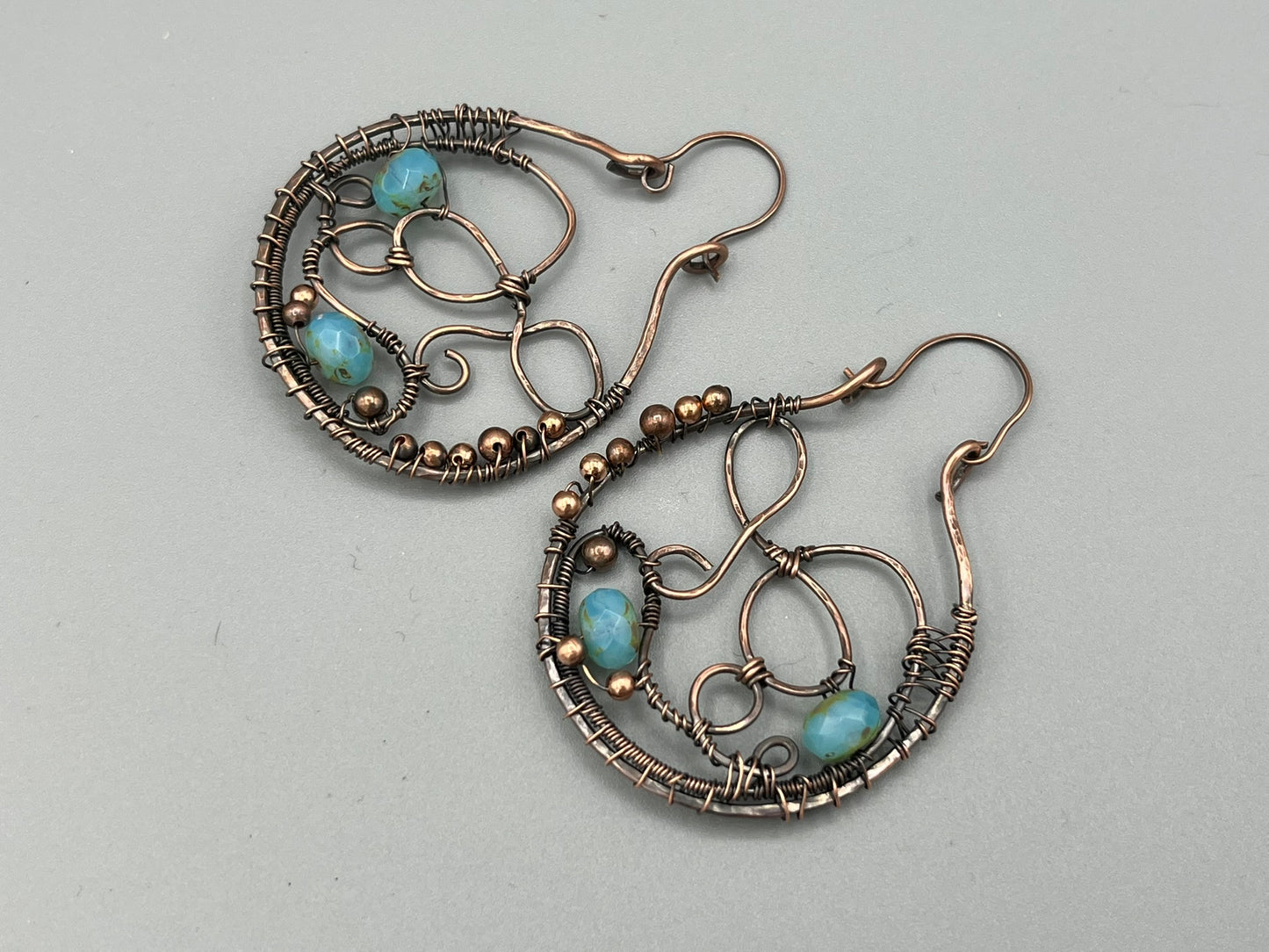 Copper Weaving Hoop Earrings with Aqua Rondelle Beads