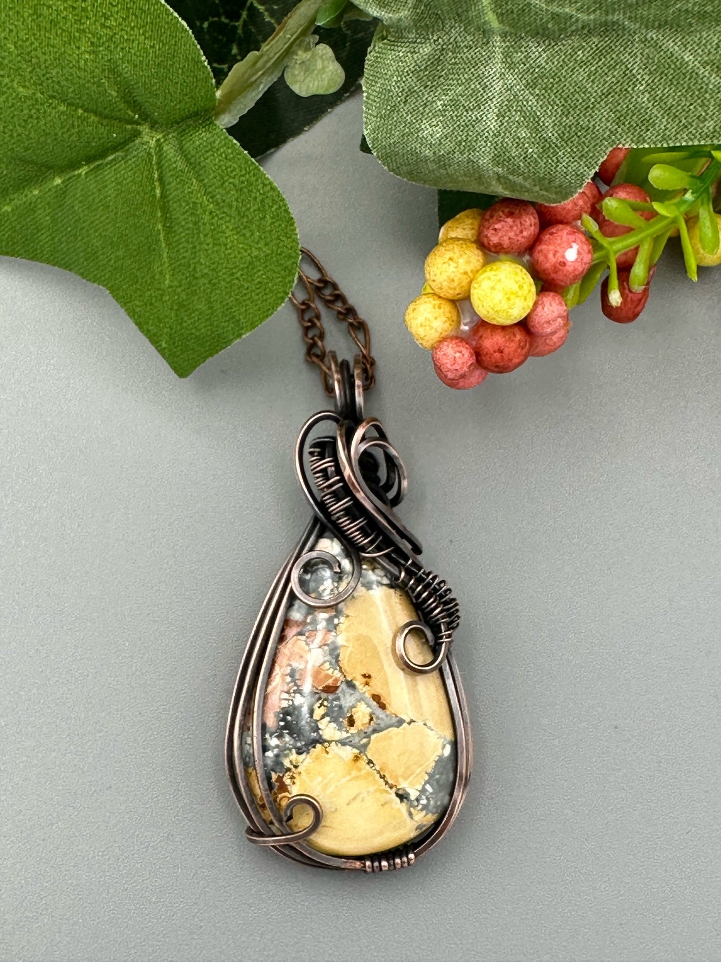 Maligano Jasper Teardrop Pendant Wrapped in Copper Wire