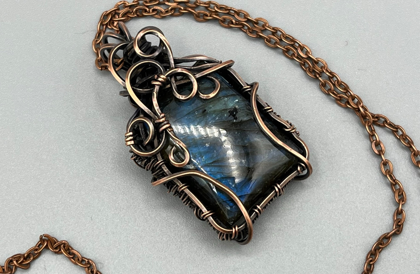 Square Blue Labradorite Wire Wrapped Pendant