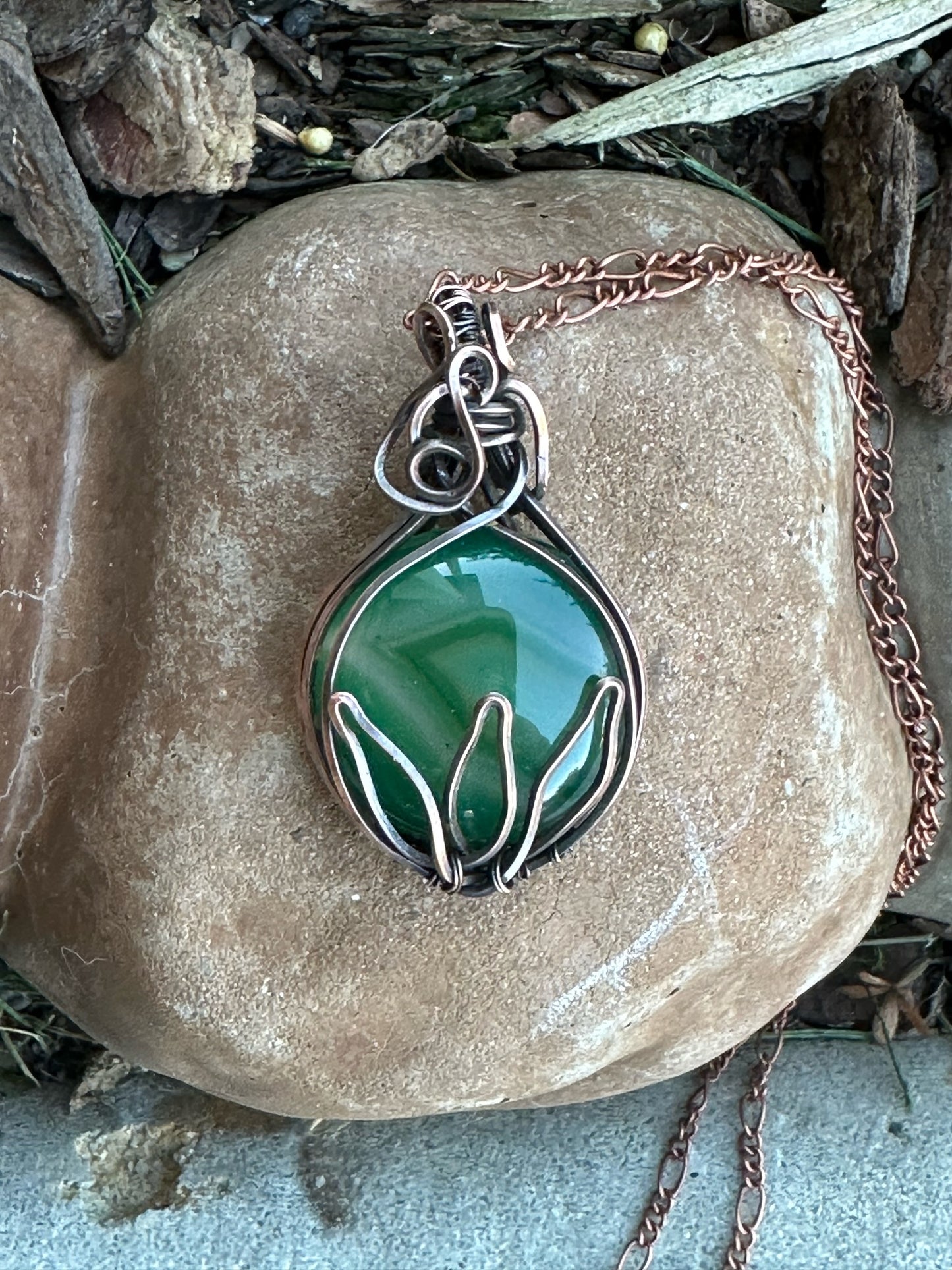 Round Green Veins Agate With Lotus Design Handmade Wire Wrapped Pendant