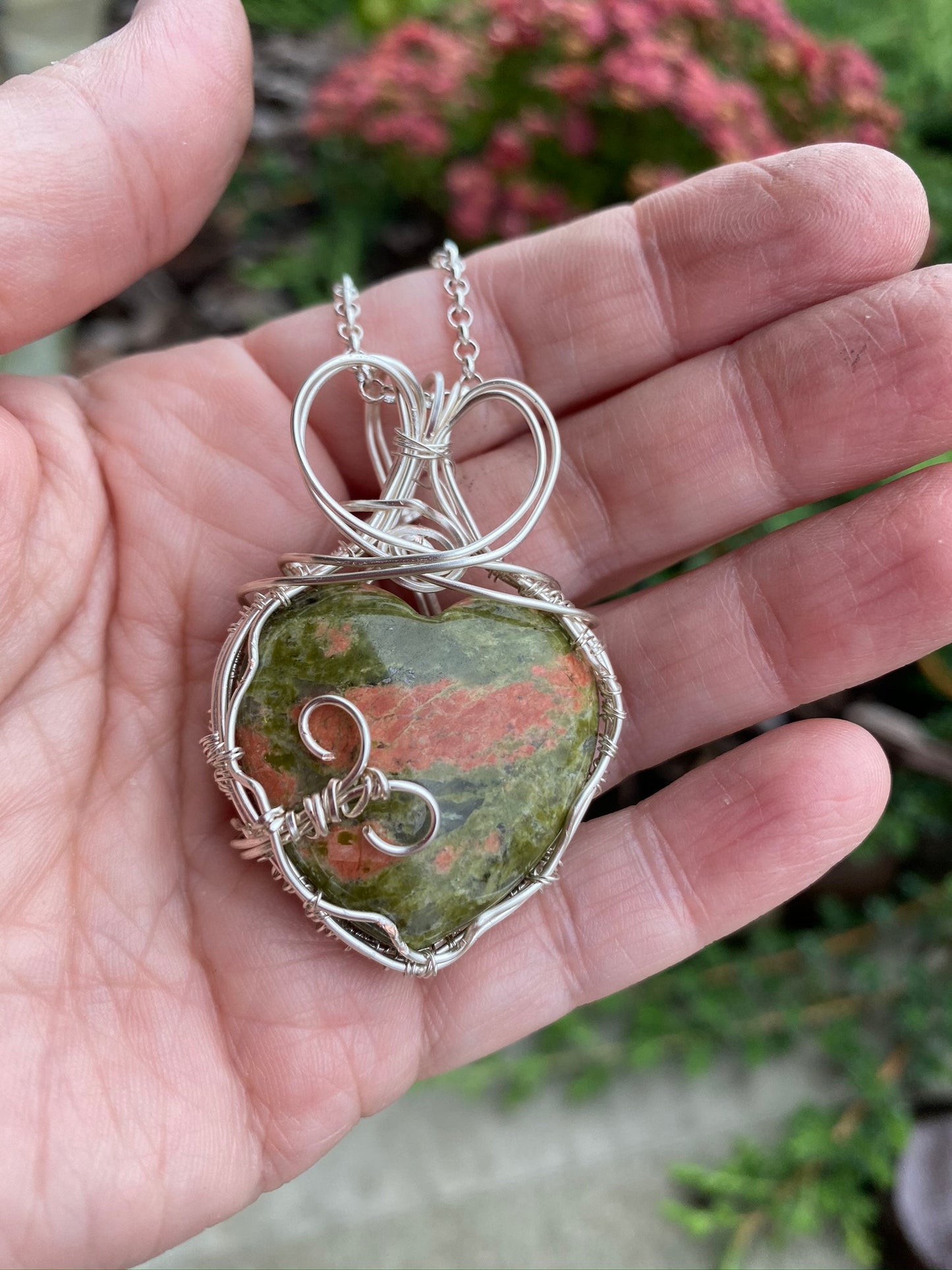 Wire Wrapped Unakite Heart Pendant with Silver Wire