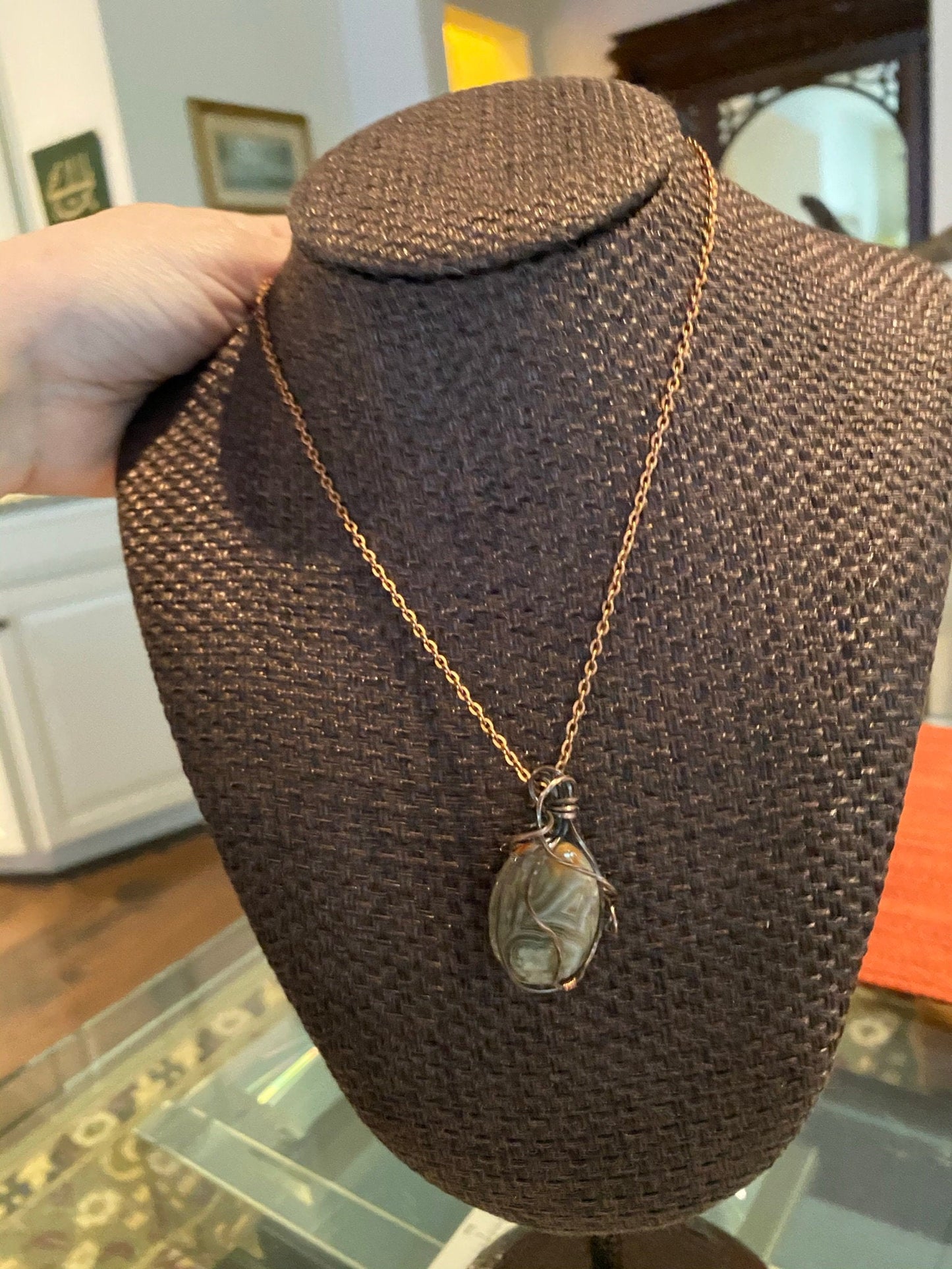 Wire Wrapped Oval Silversmith Crazy Lace Agate Pendant