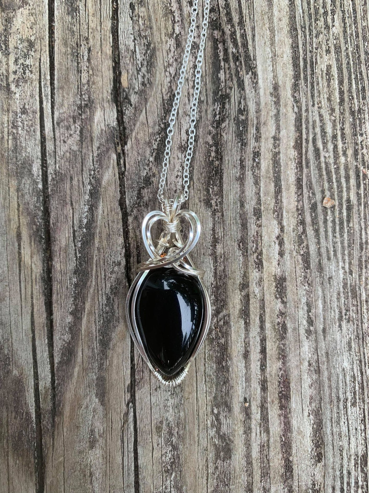 Black Onyx Wire Wrapped Teardrop Pendant