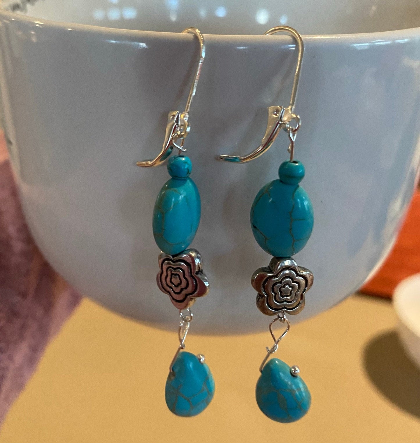 Turquoise Beads with Silver Flower Earrings