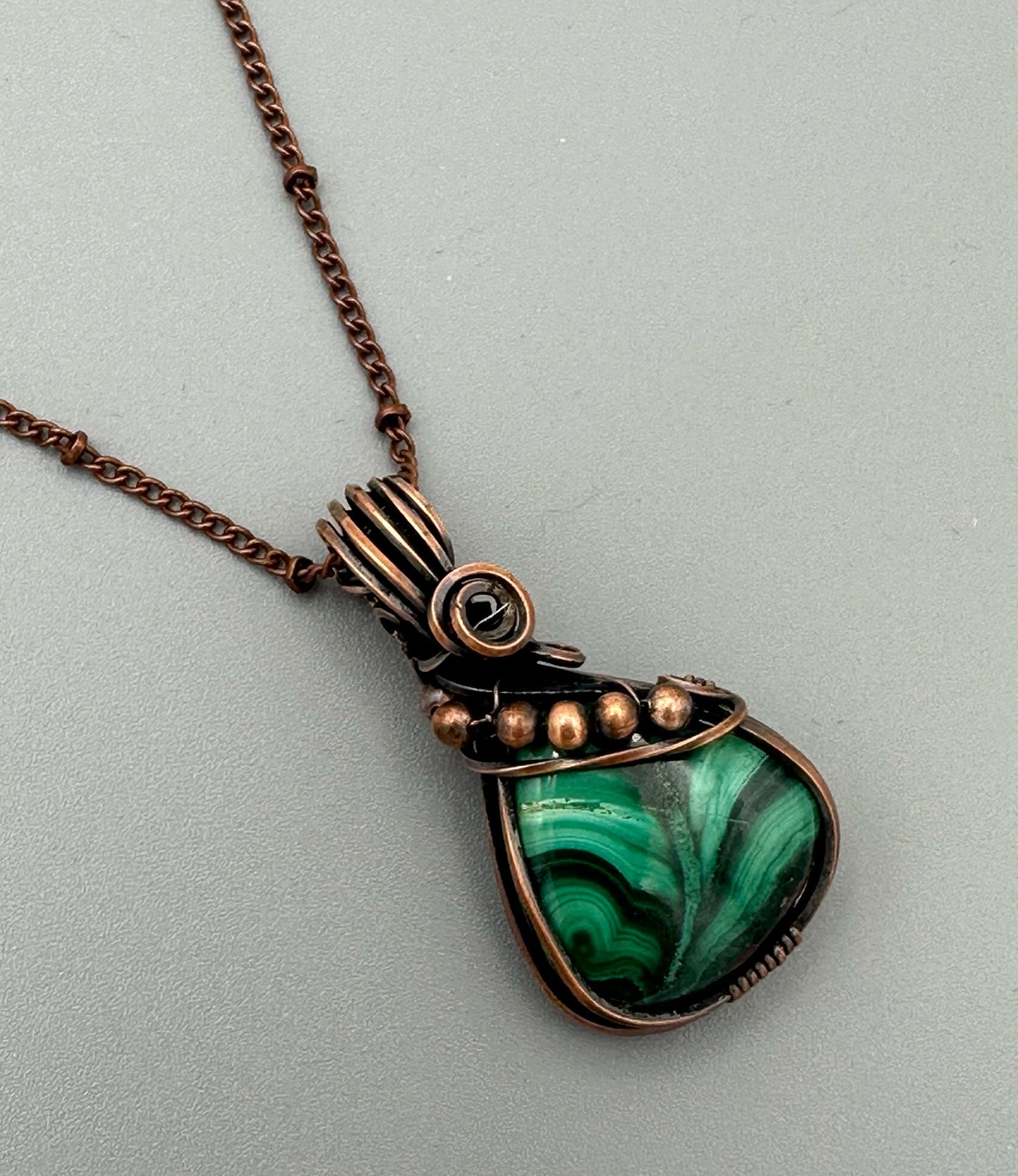 Handmade Wire Wrapped Malachite Pear Shape Pendant With Rosette Motif And Copper Beads