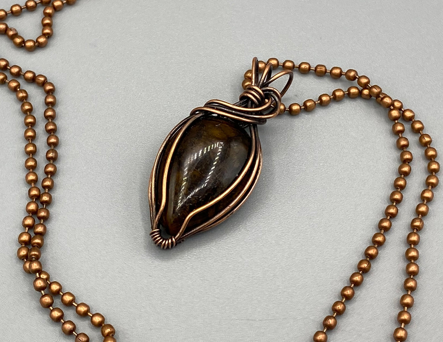 Tiger's Eye Agate Teardrop Pendant, Wire Wrapped in Copper