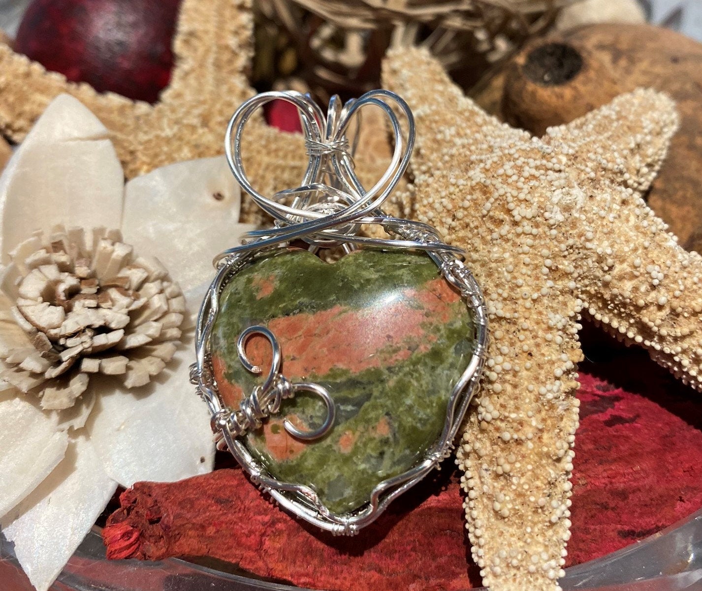 Wire Wrapped Unakite Heart Pendant with Silver Wire