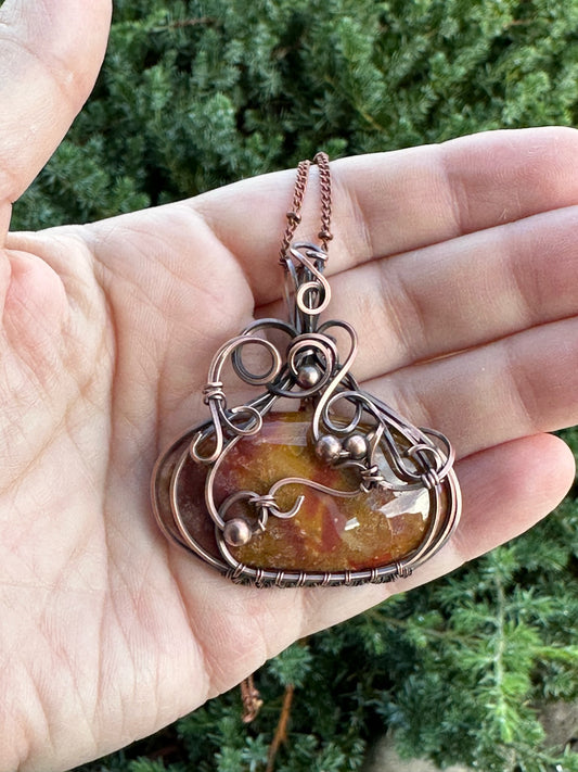 Autumn Colored Oval Swirly Handmade Wire Wrapped Pendant