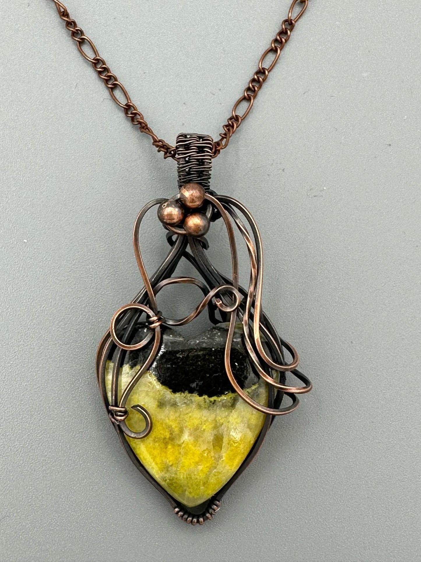 BumbleBee Jasper Heart With Twisted Square Wire Handmade Wire Wrapped Pendant