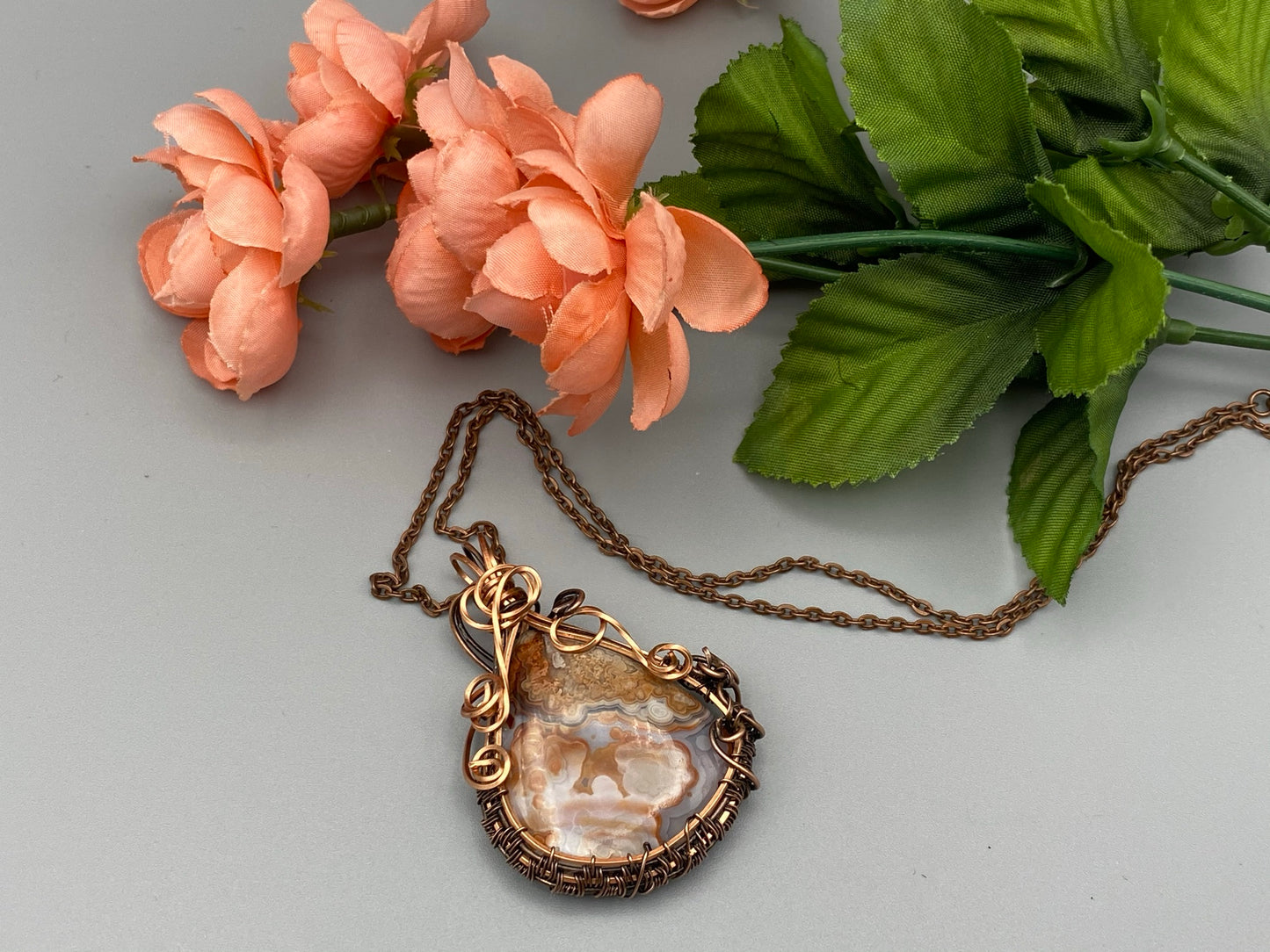 Crazy Lace Oxidized Copper Wire Wrapped Pendant