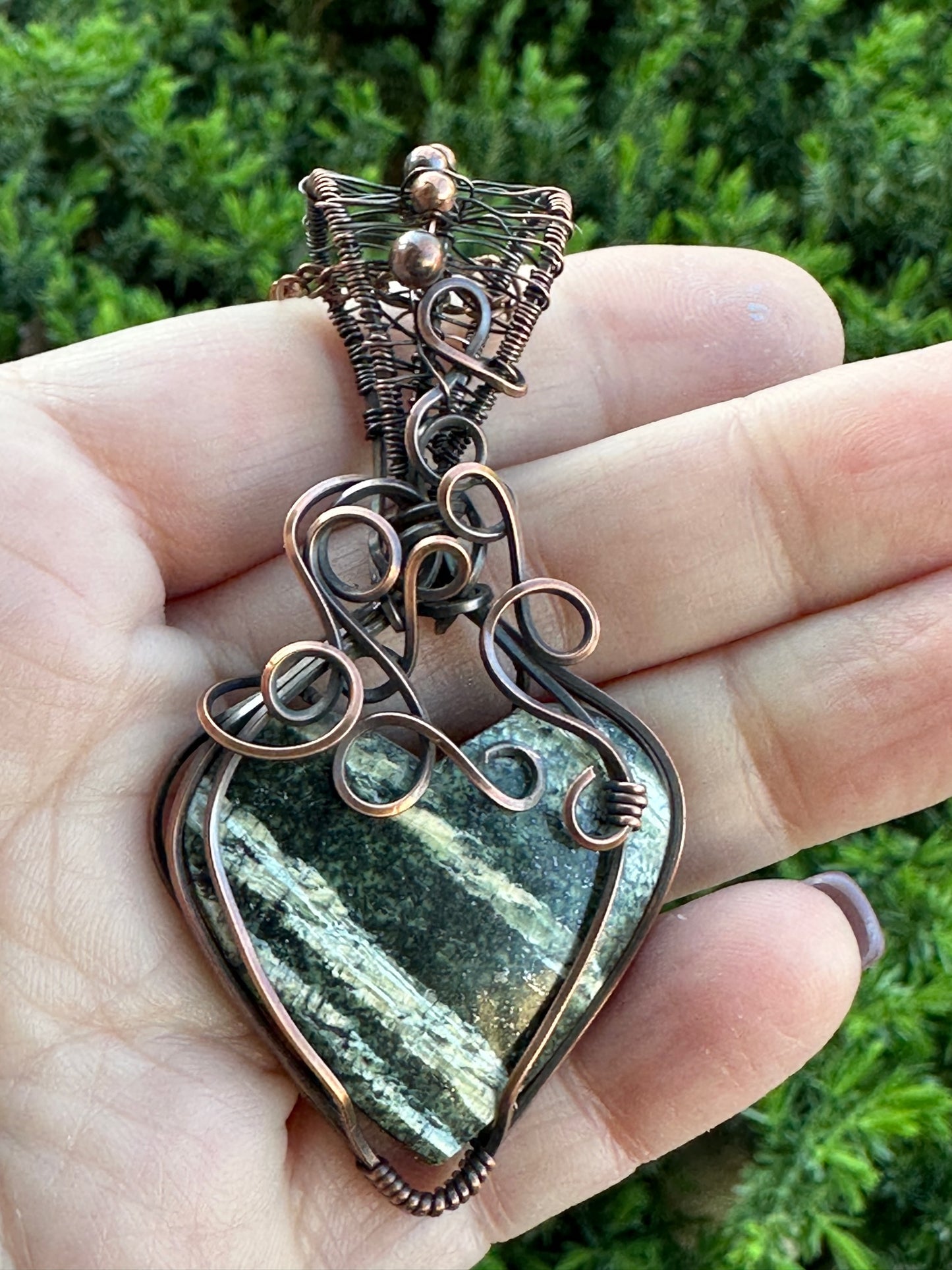 Natural Green Swiss Opal Heart Shaped Wire Wrapped Pendant