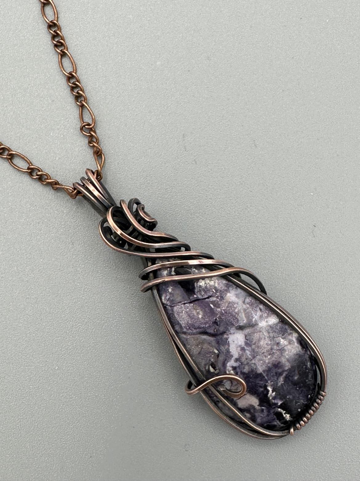 Handmade Amethyst Teardrop Wrapped In Oxidized Copper Wire