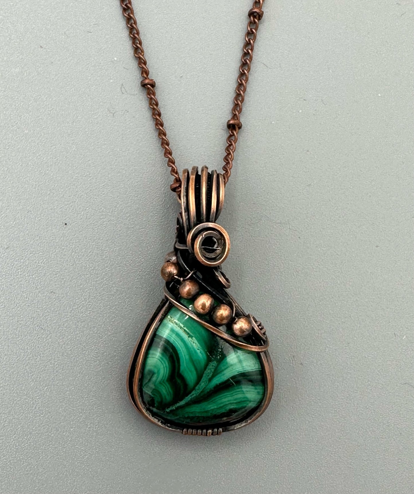 Handmade Wire Wrapped Malachite Pear Shape Pendant With Rosette Motif And Copper Beads